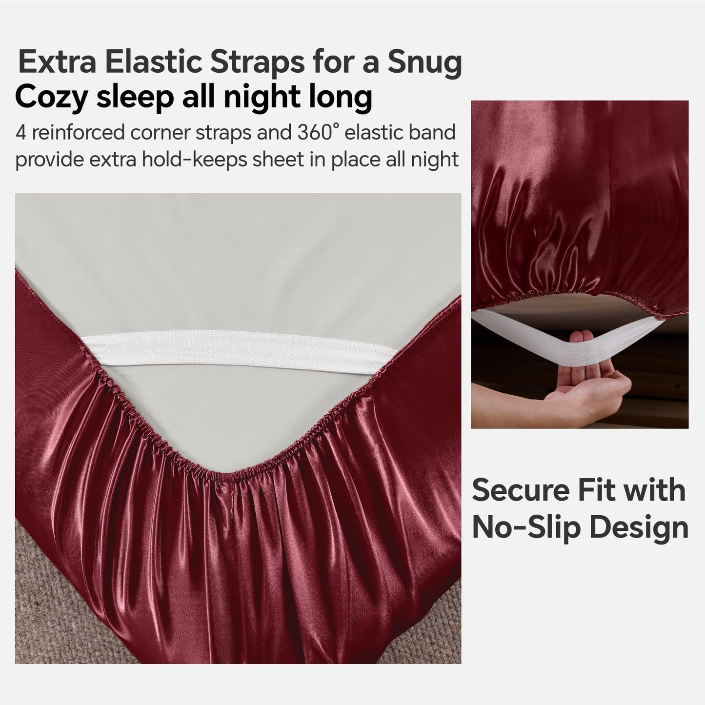 BEDELITE Satin Fitted Sheet Queen with Elastic Corner Straps, Luxury Soft Silk-Like Bed Sheet for Hair & Skin, 1 Deep Pocket Fitted Sheet Only Fits 15" Mattress, Fade & Wrinkle Resistant, Burgundy