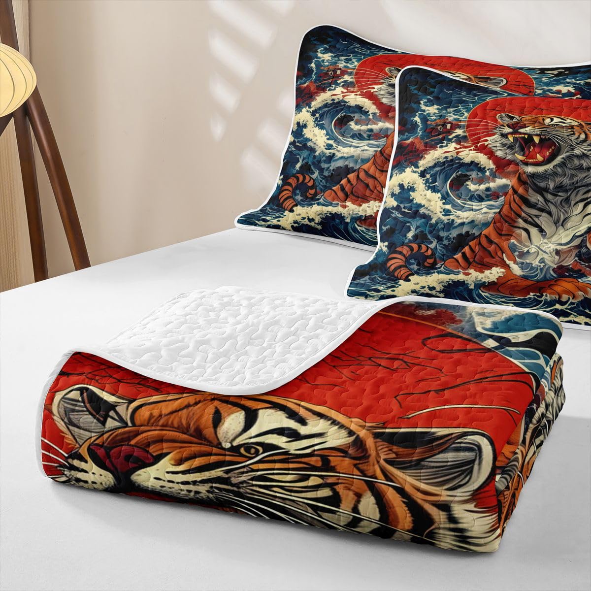 Erosebridal Japanese Style Quilt Twin Size - Watercolor Tiger Print Bedspread Red Sun and Japanese Wave Bed Coverlet with 1 Pillowcase
