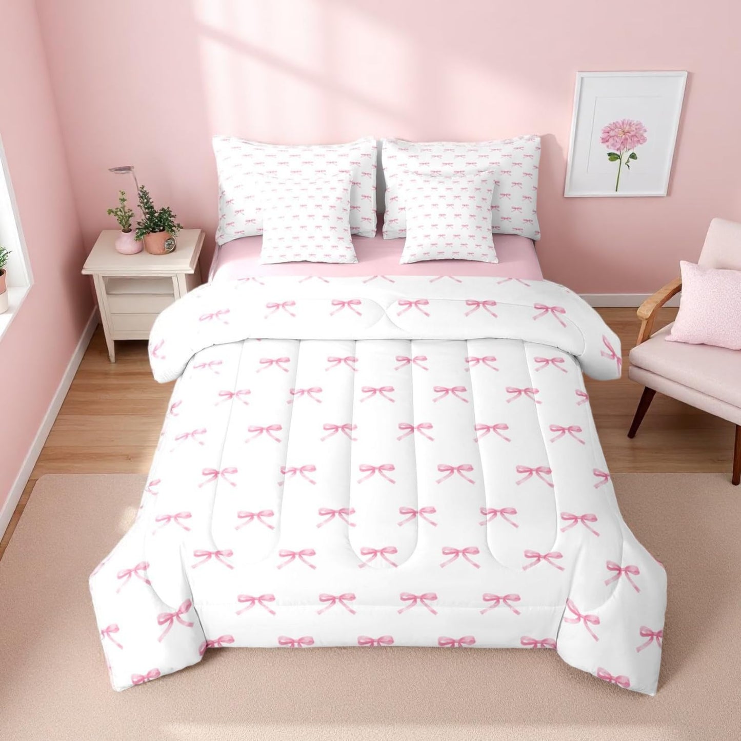 Erosebridal 7 Pieces Pink Bow Comforter King,Kids Cartoon Bowknot Butterfly Knot Princess Bedding Set for Girls,Dreamy Watercolor Ribbons Bow Tie Sheets with Pillowcases + Pillow Covers,Pink White