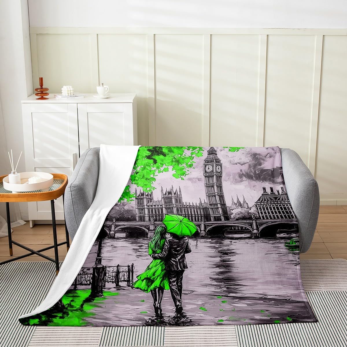 Erosebridal London Cityscape Artwork Flannel Blanket Throw 50x60 Inch Adults Oil Painting Big Ben Fleece Blanket for Women Romantic Couple Fuzzy Plush Throw Aesthetic Neon Green Cherry Blossom Decor
