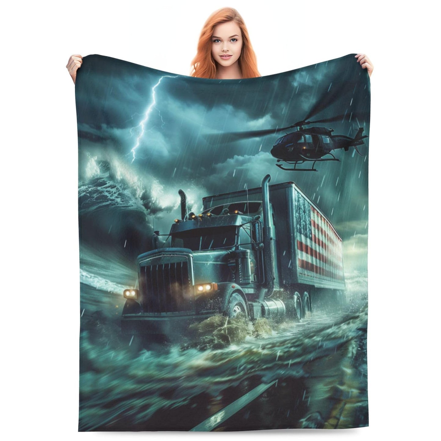 Storm Truck Blanket, Gifts for Women, Dramatic Night Hauling Scene with Helicopter Soft Lightweight Throw Blankets for Kids Boys, Travel Bed Living Room Decor, 50x60in