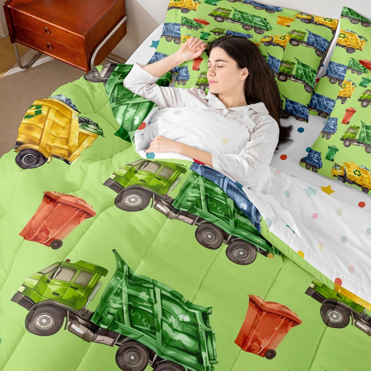 Erosebridal Boys Garbage Trucks Twin 7-Piece Bedding Set, Trash Truck Comforter Set with Sheets, Cartoon Car Bed in A Bag for Teens Men Kids Room Decor, Colourful Trash Cans Green Bed Sets