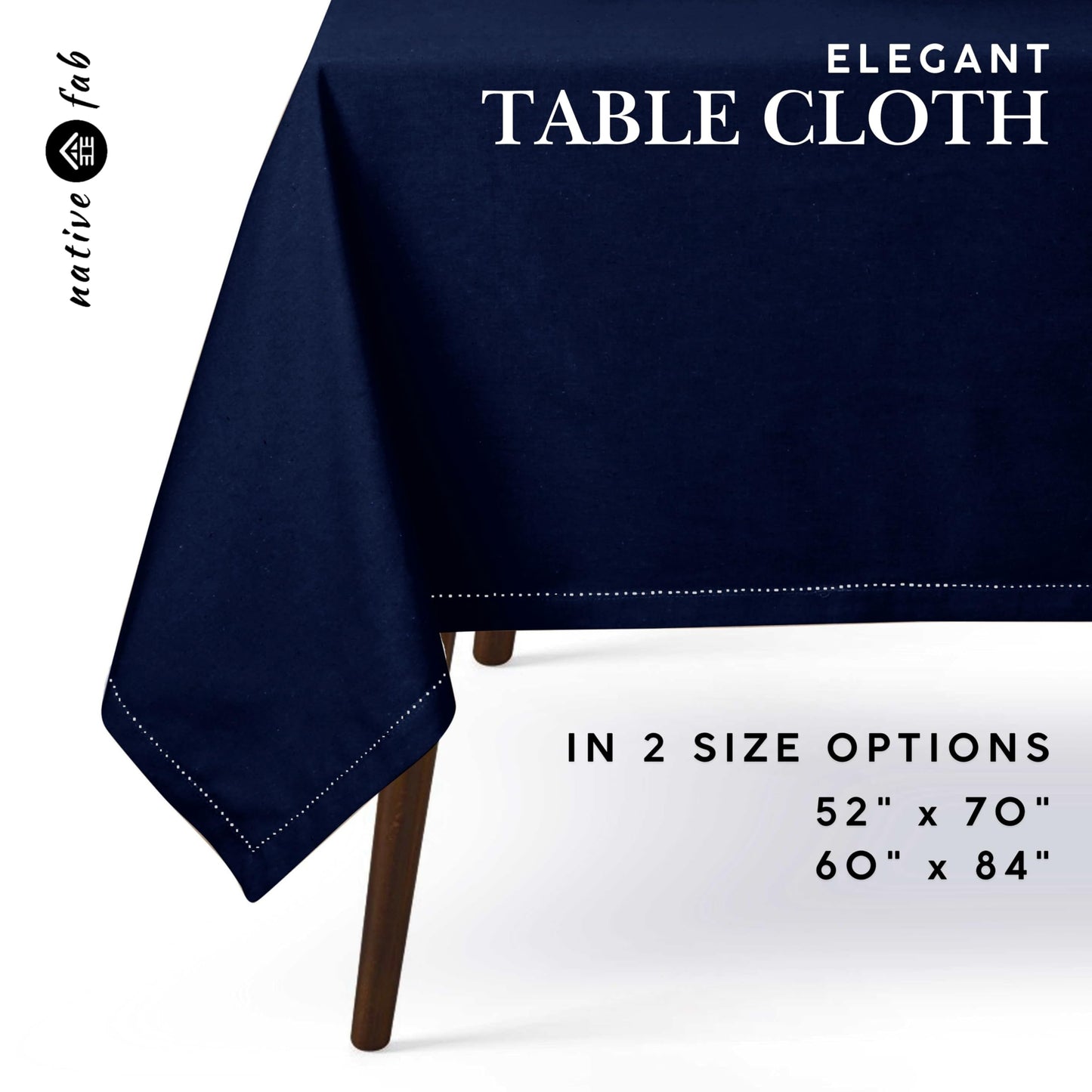 Native Fab Tablecloth 60x84 Inches - 100% Cotton, Durable, Wrinkle-Free, Machine Washable Table Cover for Dining Room, Banquets, Parties, Holiday, Events - Elegant, Easy Care, Home Décor - Navy Blue