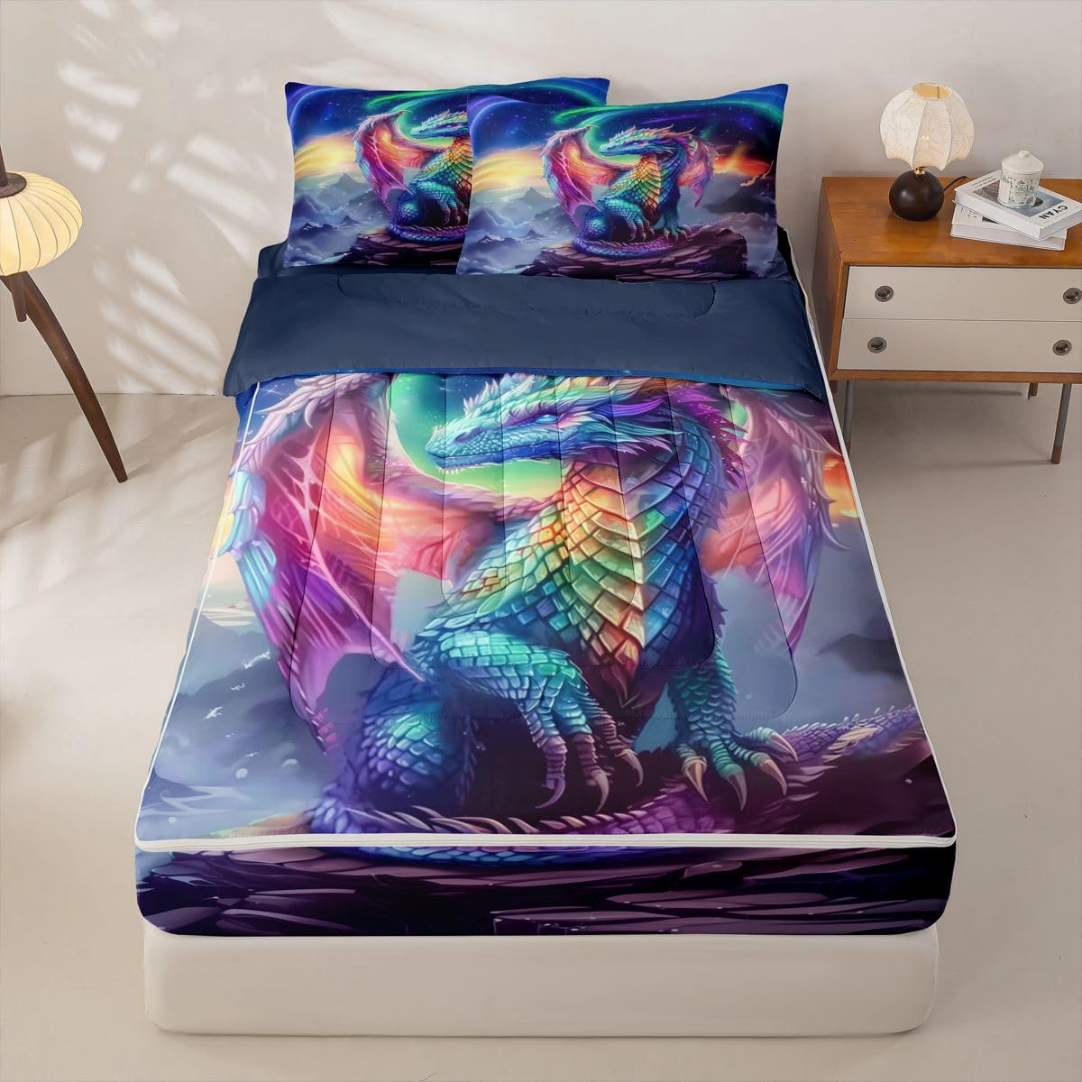 jejeloiu Flying Dragon Zipper Bedding for Kids Outer Space Galaxy Twin Comforter Set with Fitted Sheet 2 Pillowcases Aesthetic Aurora Bed in a Bag Fantasy Animal Soft Lightweight Microfiber