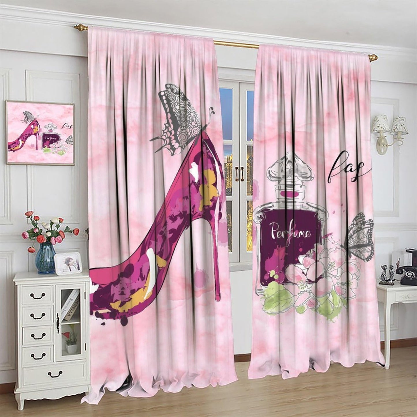 Pink Modern Fashion Curtains For Woman Gorgeous Red High Heel Shoes Perfume Flower Butterfly Rod Pocket Window Drapes For Teenage Girls Bedroom Living Room Bathroom 2 Panels 41x45 ln（No Blackout）