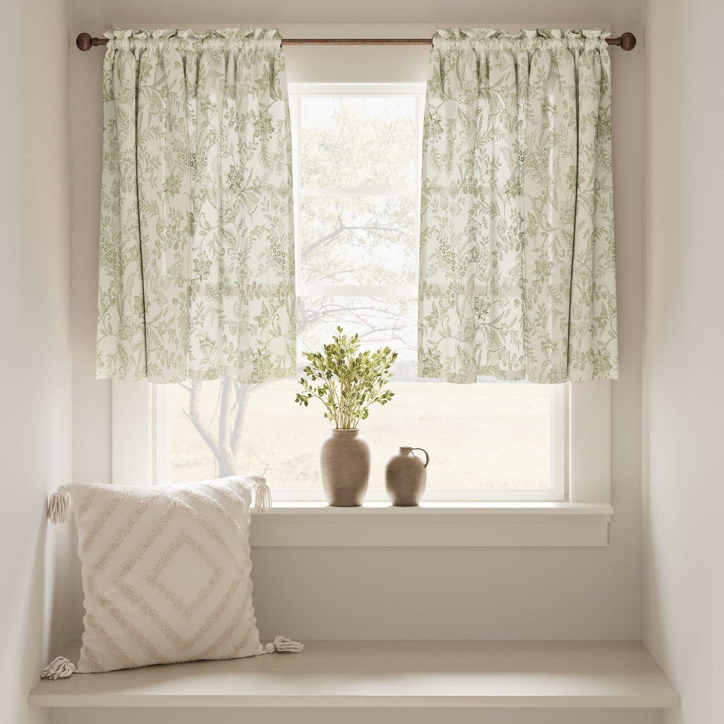 jinchan Floral Kitchen Curtains 36 Inch Long 2 Panels Sage Green on Beige