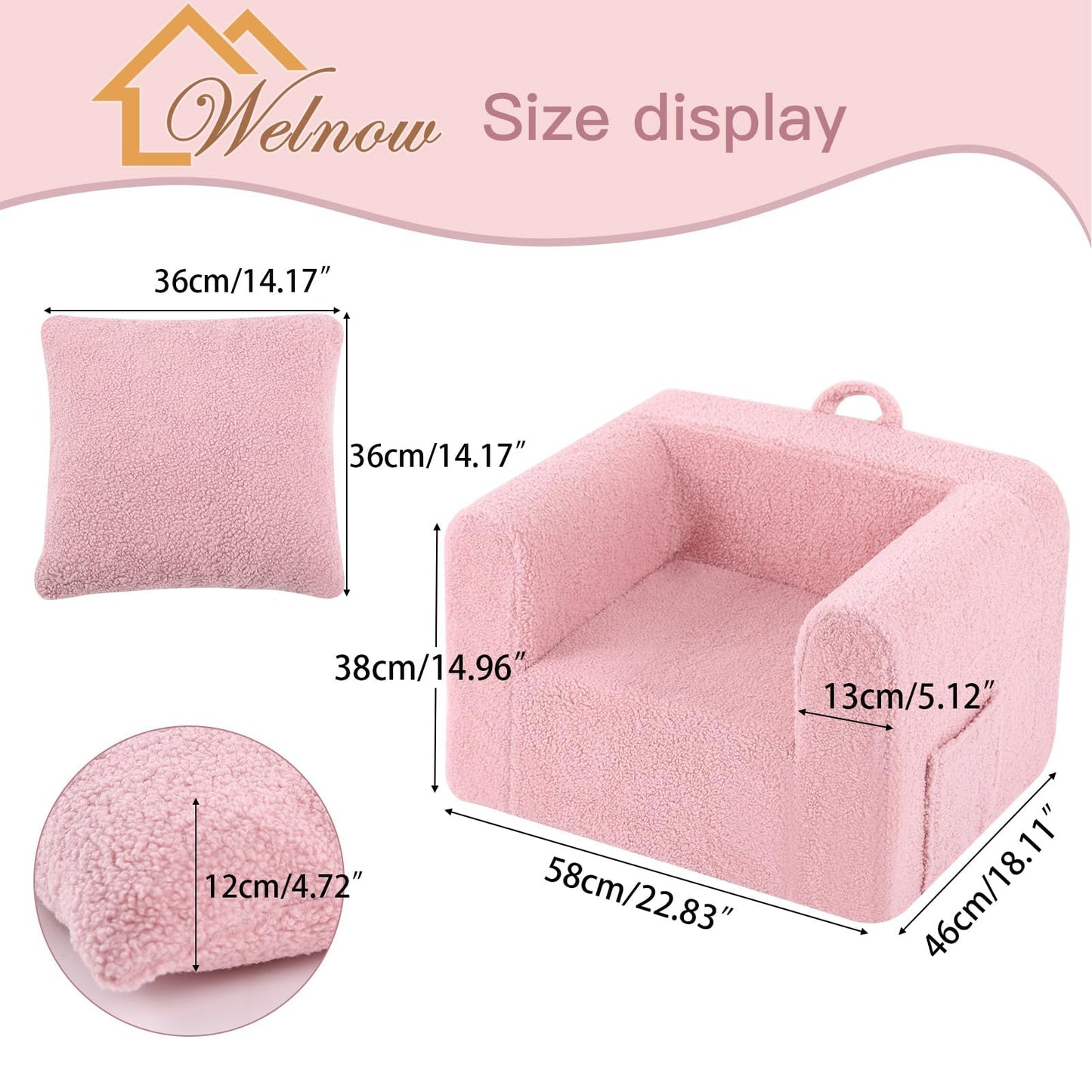 Welnow Kids Sofa with Pillow, Cozy Toddler Chair Soft Foam Seat for Reading, Children's Couch with Armrest Lightweight Comfy Kids Furniture for Bedroom, Playroom for Boys and Girls, Sherpa Pink