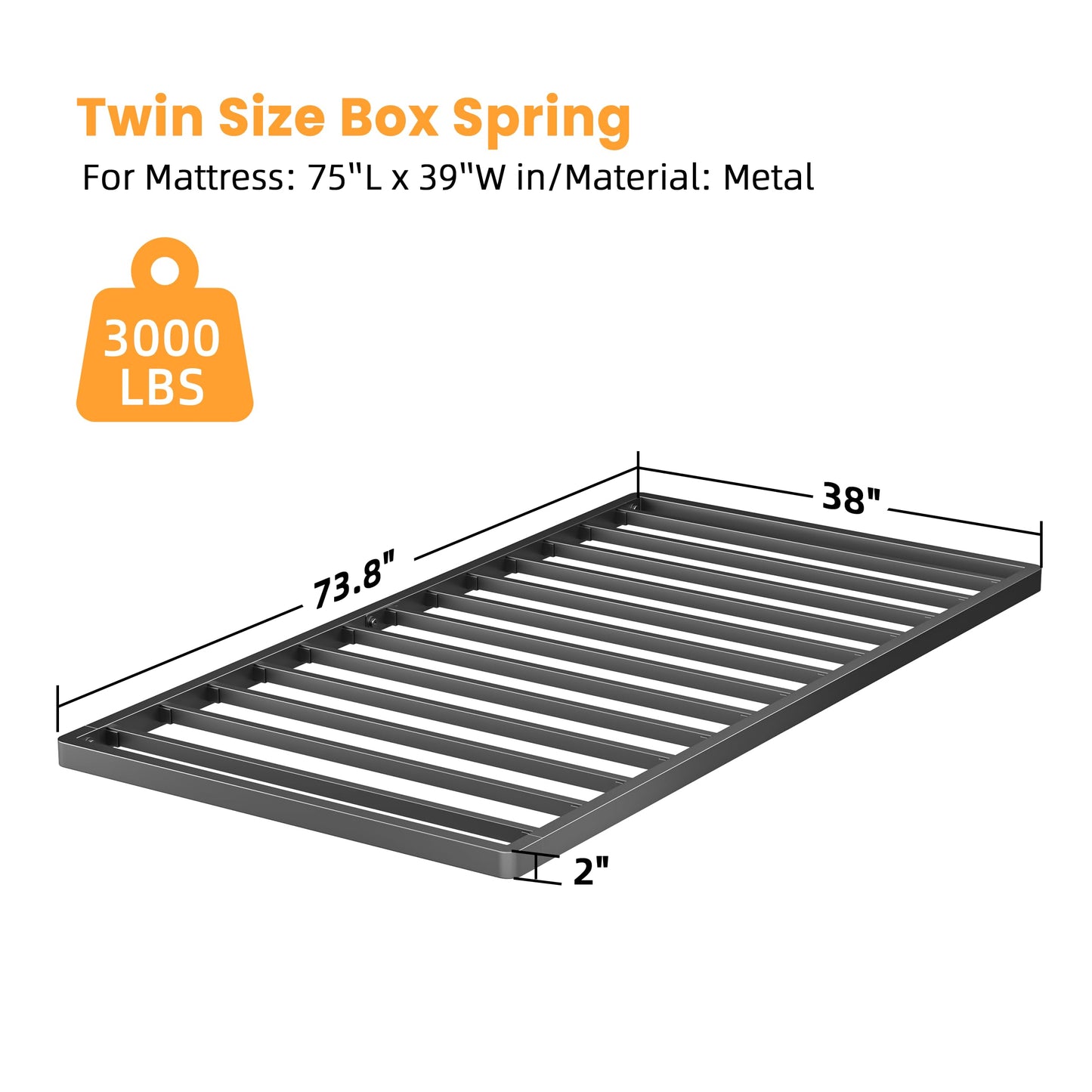 VIPSHOW 2 Inch Twin Metal Box Spring with Round Corners - 3000 lbs Capacity, Low Profile Bed Slat Replacement Bunkie Board with Steel Slats, Noise-Free, Easy Assemble, Black