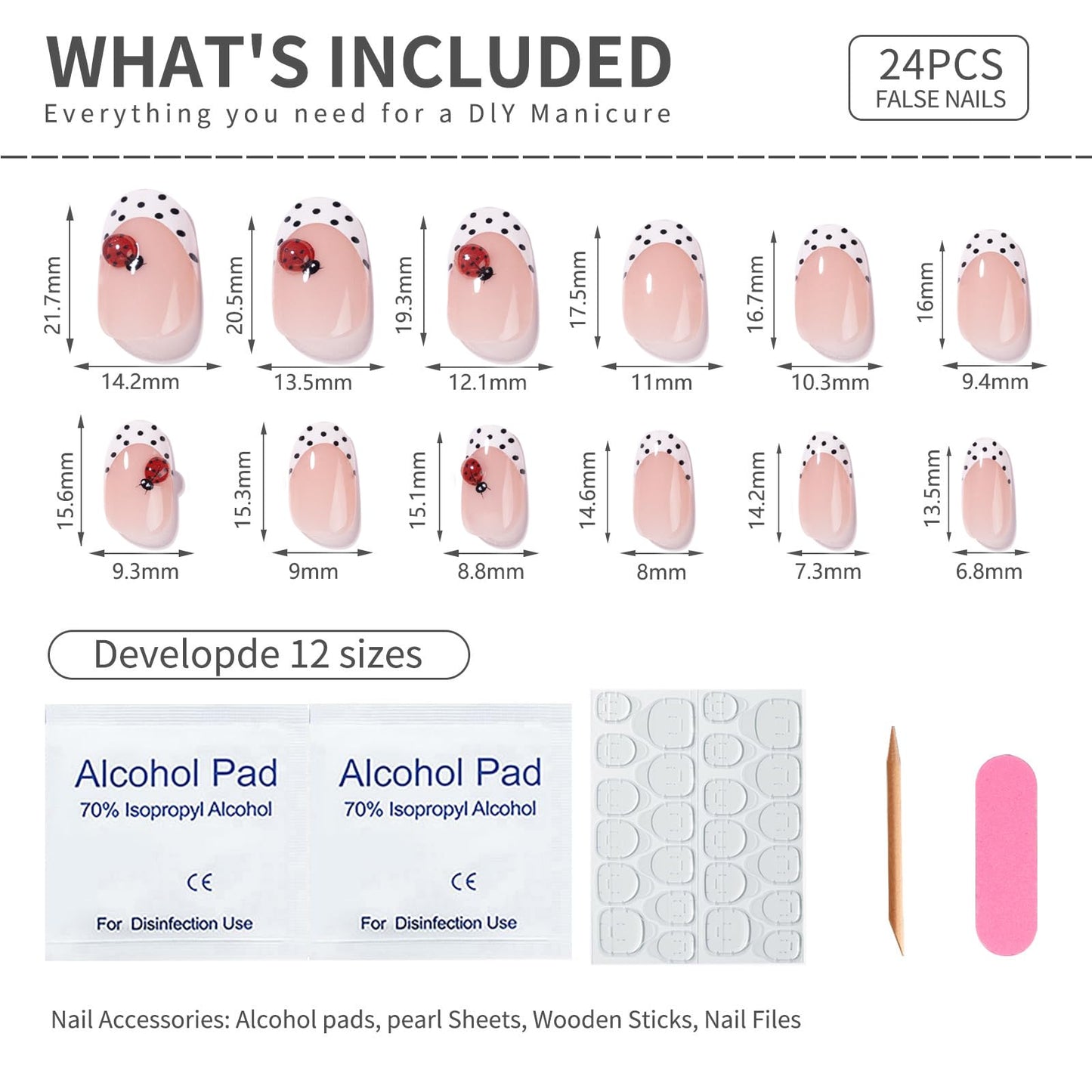 3D Short Oval French Tip Press‑On Nails — Nude Pink with White Polka Dots & Cute Ladybug, Glossy Acrylic Stick‑On Reusable Full‑Cover False Nails for Women & Girls — Easy‑Apply Tabs, Salon‑Quality
