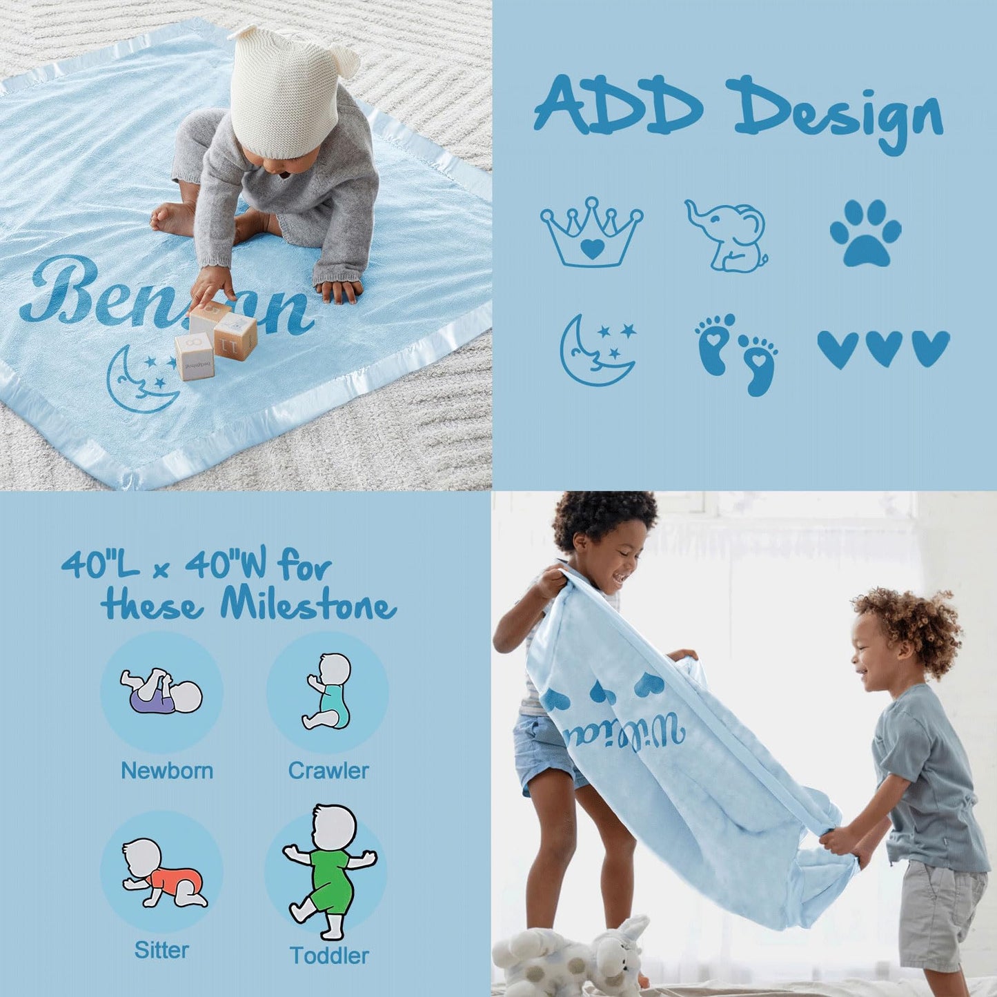 DayOfShe Personalized Baby Blankets with Name for Boys Girls Birthday Baby Shower New Essentials Gifts,Custom Blue Baby Boy Blankets with Name for New Baby Boy Christmas