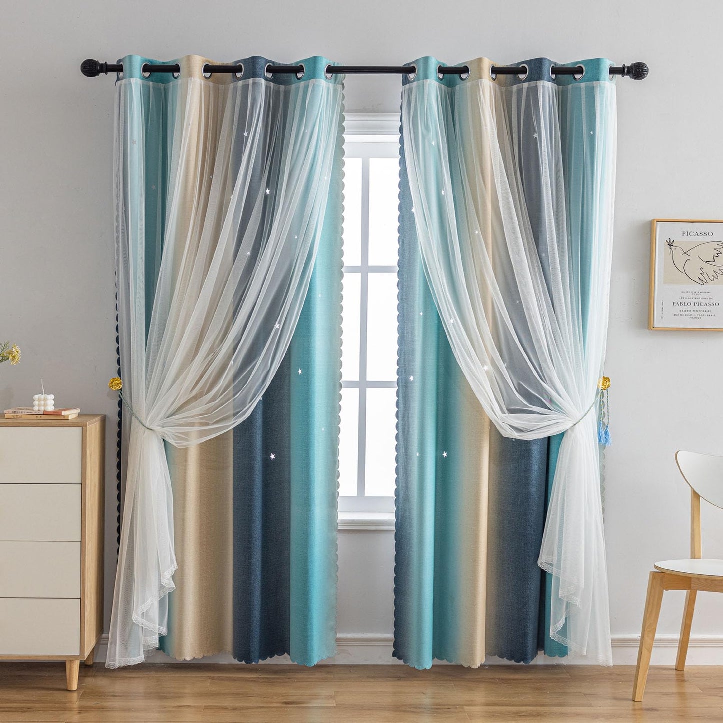 conokata Star Girl and Kids Curtains for Bedroom Rainbow Ombre Double Layer Cute Shot Nursery Darkening Grommet Princess Room Décor 2 Panels Living Room Window Curtain (Yellow-Blue, 52W x 63L)