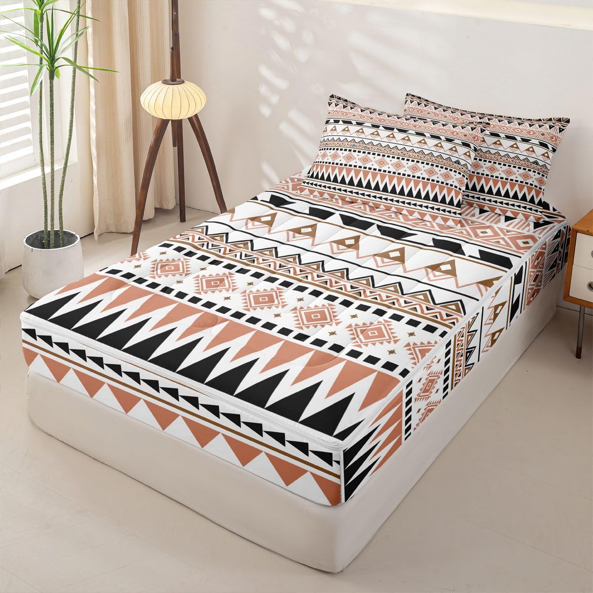 Western Zipper Bedding Set Queen Zip Up Bedding Ethnic Tribal Arrow Comforter Set Vintage Exotic Geometric Triangle Bed in a Bag African Indian Tribal Sriped Rhombus Bed Set with Comforter and Sheets