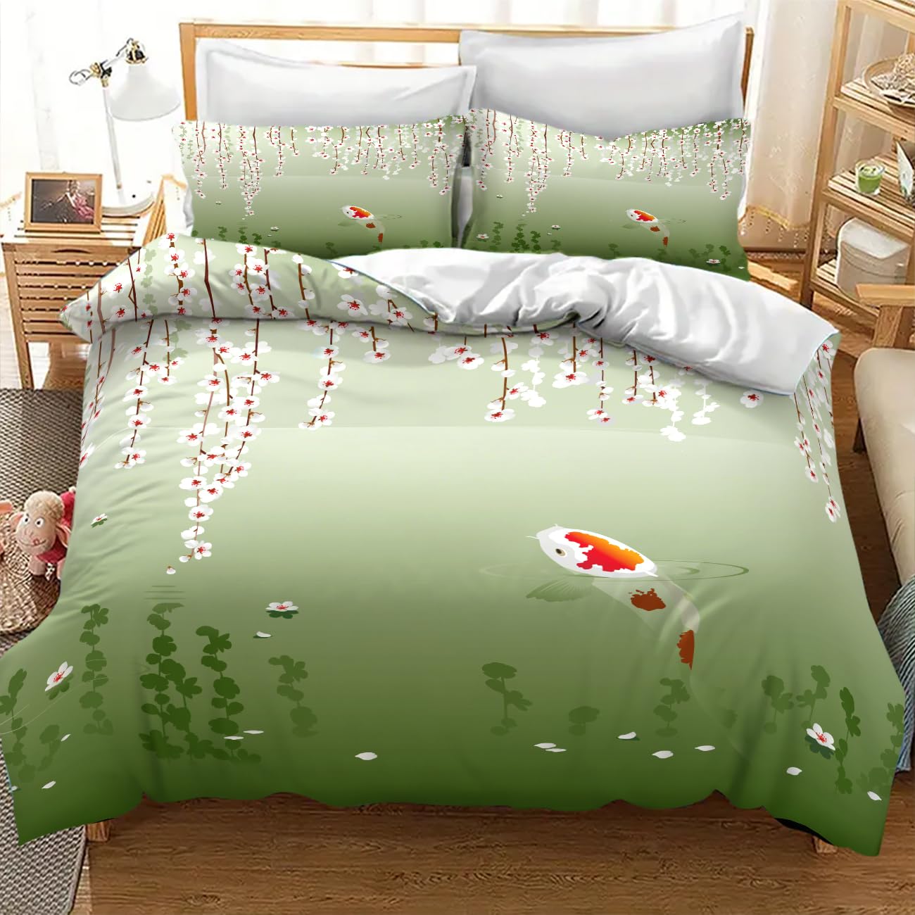 Japanese Koi Fish Bedding Set,Asian Style Traditional Japanese Koi Carp Fish Spring Cherry Blossoms Printed Retro Landscape Green Comforter Set with Pillowcase for Bedroom Bed Decor,Twin 86"x70"
