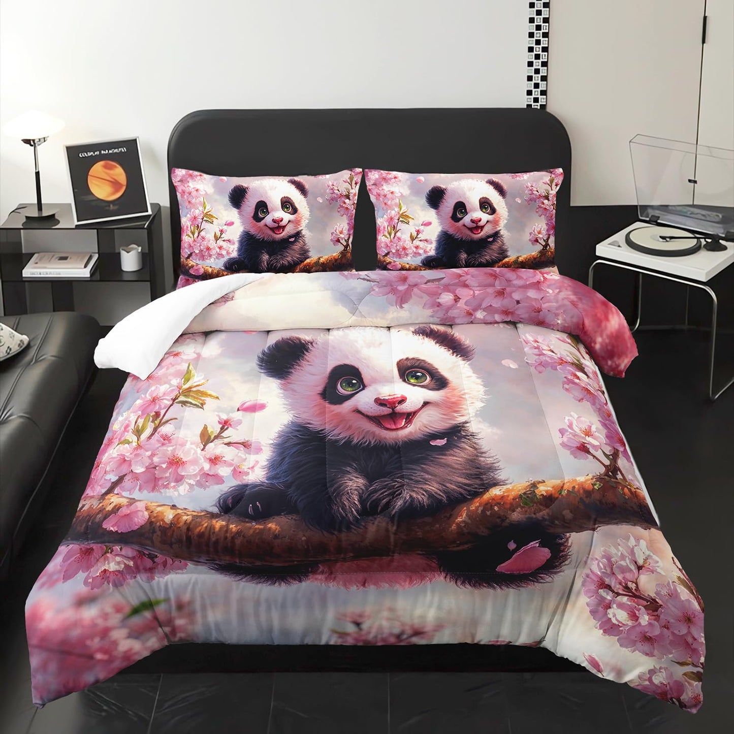 Kawaii Black White Panda Comforter 3Pcs Queen Wild Animal Bear Bedding Set