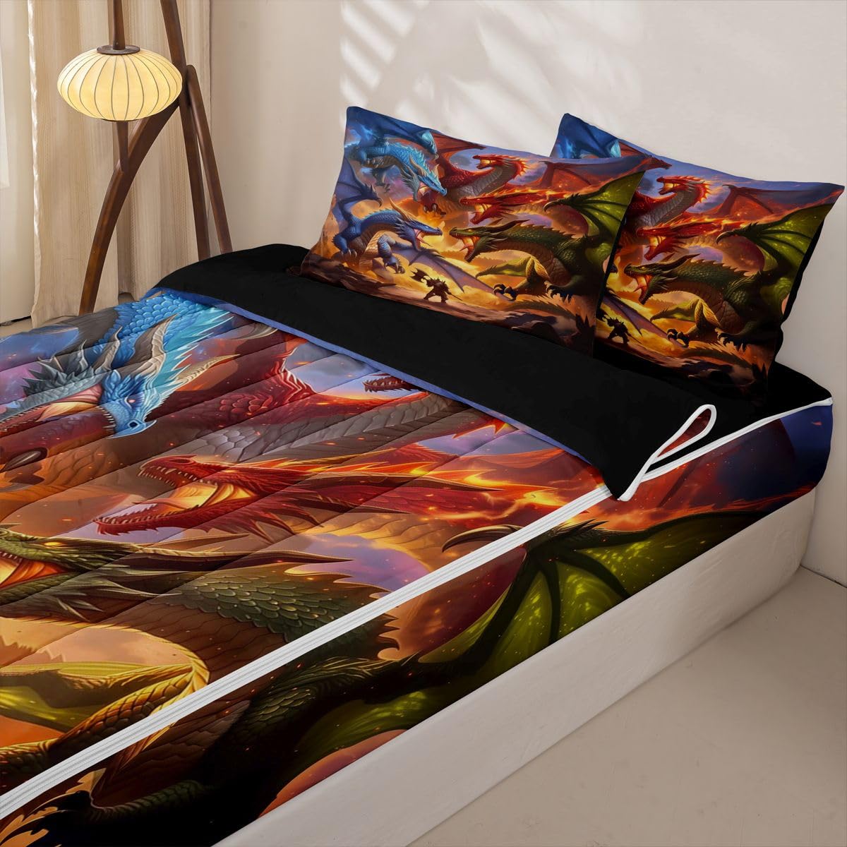 jejeloiu Dragon Zipper Bedding for Kids Twin Size Mysterious Animal Bed in a Bag with Sheets, Comforter, Pillowcases Ancient Wild Animal Comforter Set for Boys Girls Flying Dragon Beddingh Sets