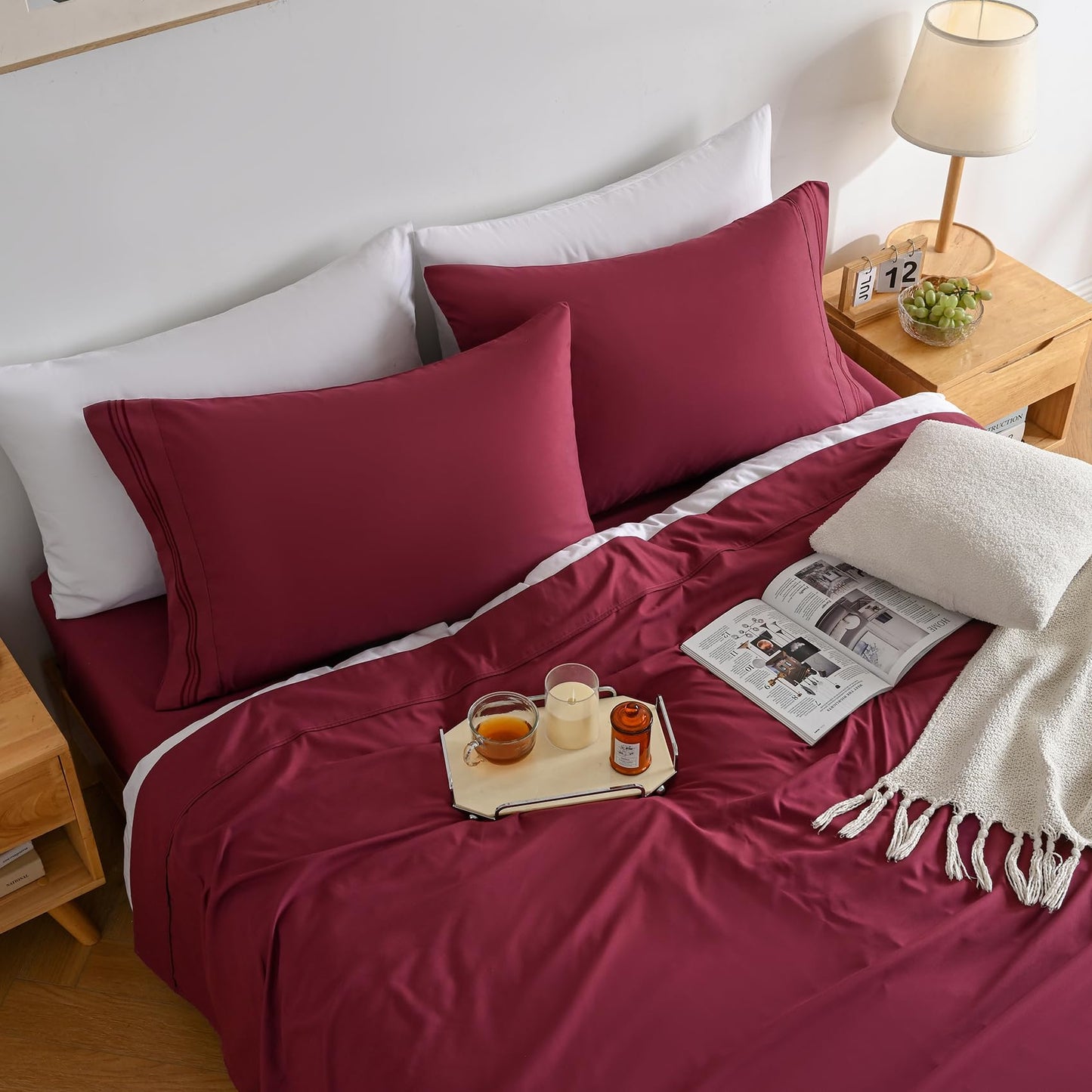 Wine Red Queen Sheet Sets-Luxury Hotel Style-Extra Deep Pocket Fitted Bed Sheet Set-Microfiber Bedding Sheets & Pillowcases-Soft Cooling Bedsheet 4 Piece Burgundy