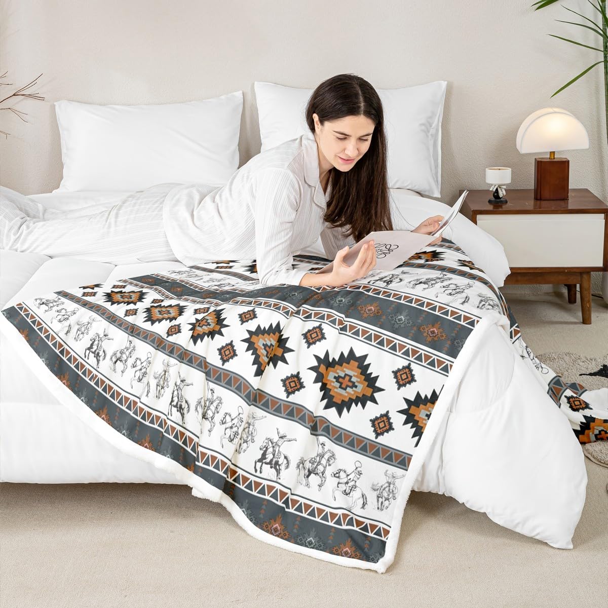 Feelyou Western Cowboy Sherpa Blanket Southwestern Aztec Fleece Throw Blanket Boys Girls Horse Riding Design for Bed Couch Chair Living Room Ranch Farmhouse Bedroom Decor Blue Brown 40"x50"