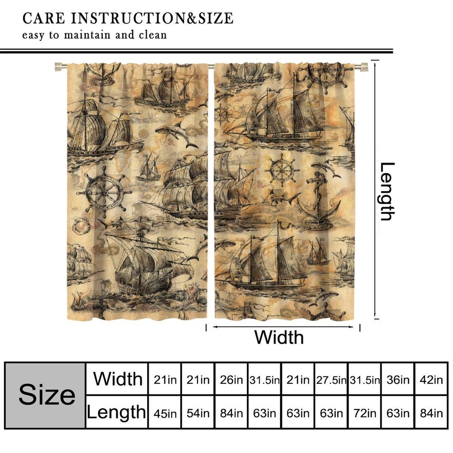 XBDDZSW Nautical Sailboat Map Curtains Sketch Pirate Ship Wheel Compass Starfish Coral Reef Nautical Map Pattern Print Window Drapes for Bedroom Living Room Kitchen Decor,2 Panel Set,42x45 Inch Decor