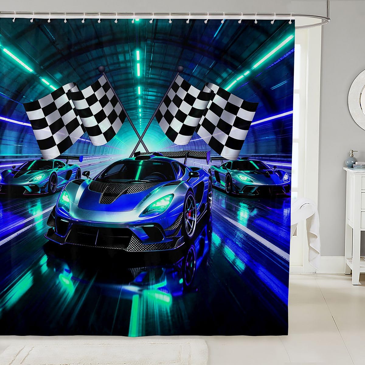 Feelyou Boys Race Car Shower Curtain for Bathroom Decor Sports Racing Car Bath Curtain for Stalls Bathtubs Extreme Sports Bathroom Accessories Waterproof Polyester Fabric with 12 Hooks 72"x72"