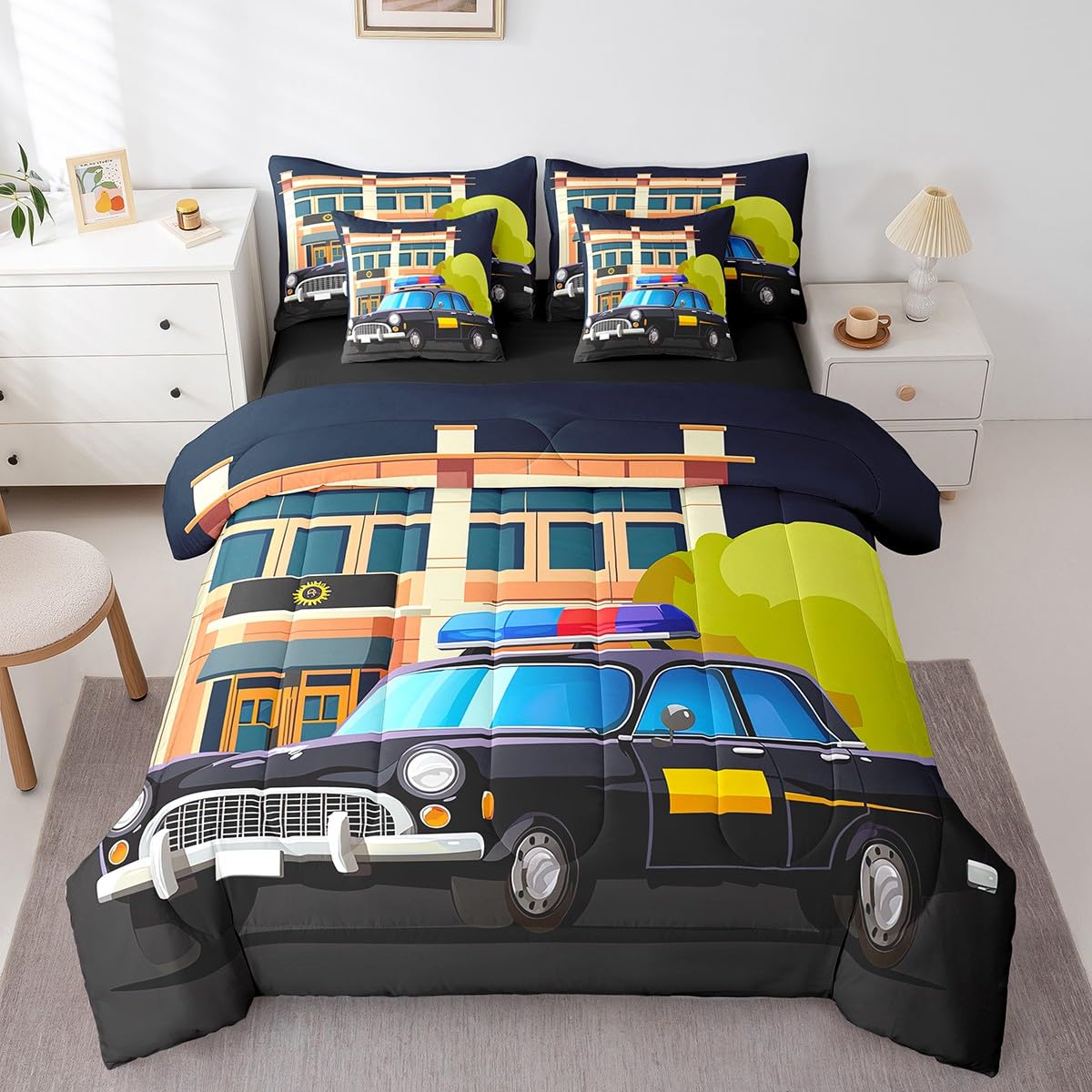 Erosebridal Police Car 7 Piece Comforter Set Full Bed in a Bag,Policeman Vehicle Car Bedding Sets Police Van Sheet Set with Comforter