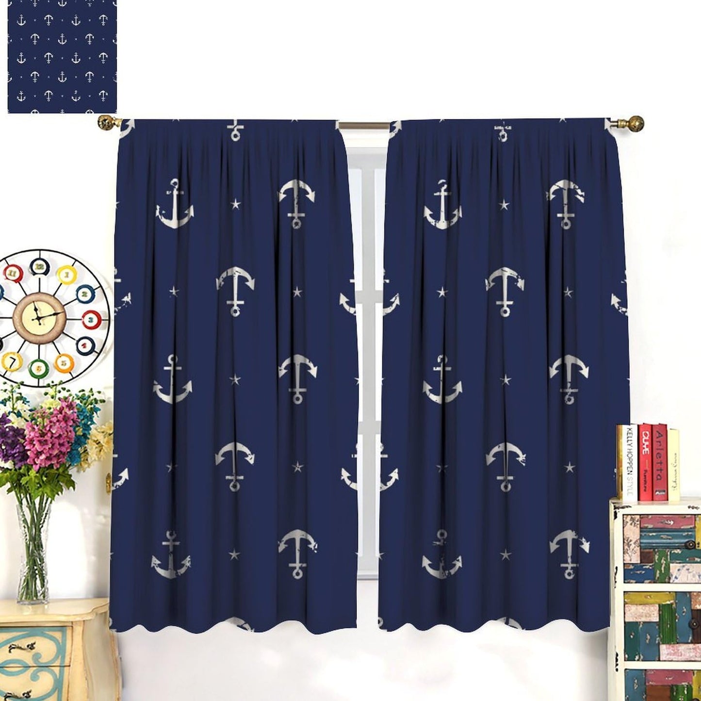 DKMQQUL Nautical Anchor Blackout Curtains, Ocean Beach Coastal Sailing Ship Boat Navy Blue Drapes for Bedroom Living Room Kitchen Window Treatment, 42x45 Inch