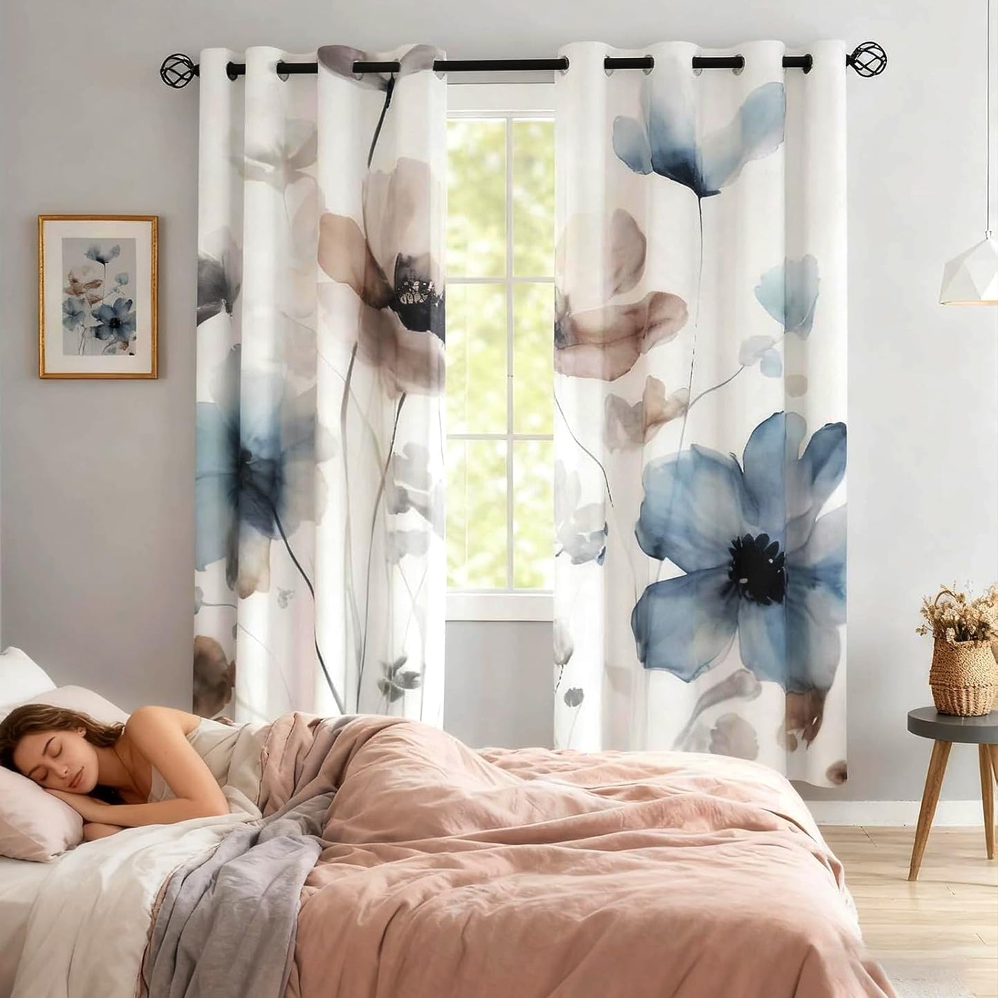 Sanzugh Boho Floral Blackout Curtains 84 Inch Long 2 Panels Set, Cream Tan Beige Watercolor Flower Black Out Patterned Printed Window Curtain for Bedroom Living Room, Grommet Window Drapes