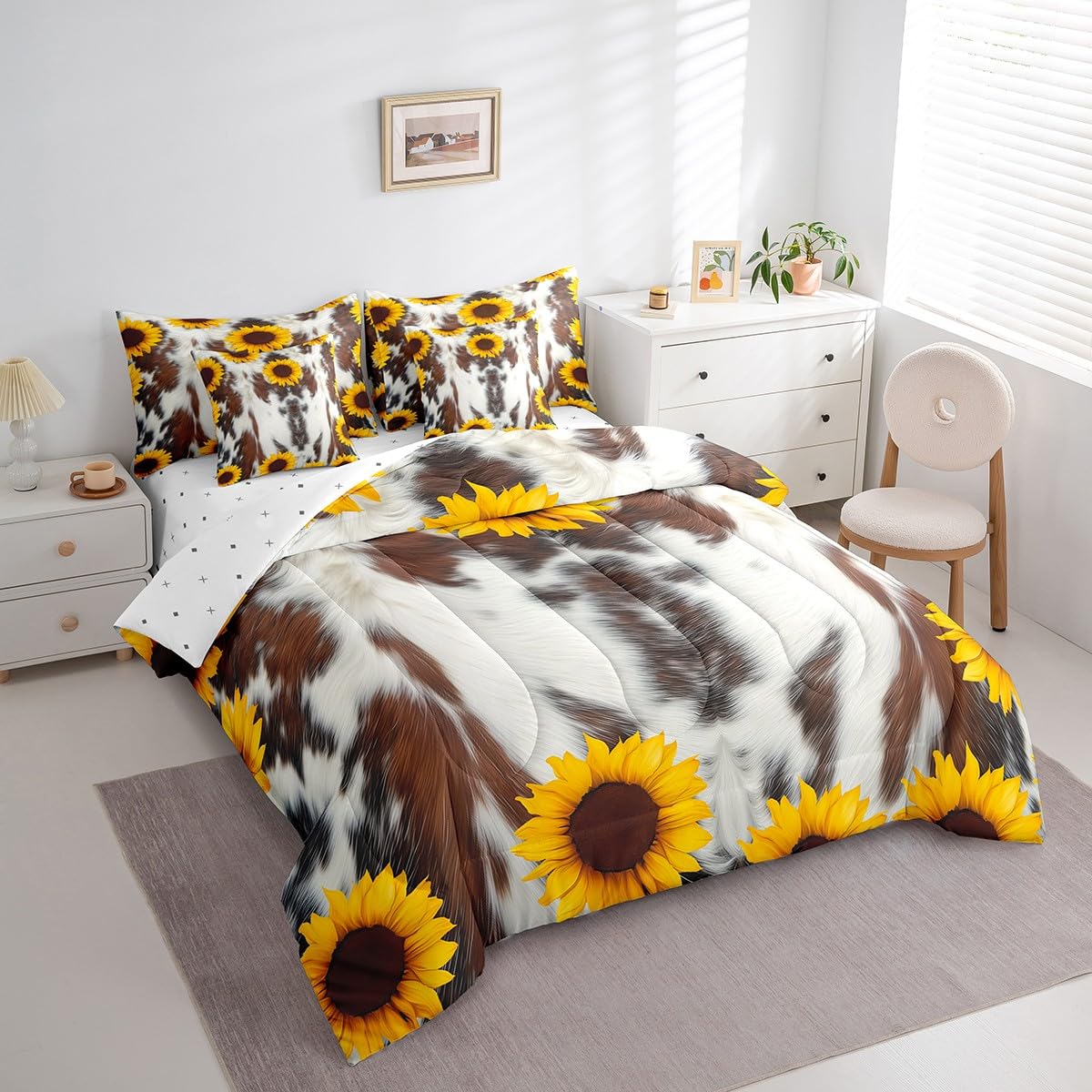 Erosebridal 7 Pcs Cow Print Comforter Set Twin Size,Sunflower Cow Bed in a Bag with Flat Sheet and Fitted Sheet for Kids and Adults,Farm Cowhide Flower Bedding Set with Pillowcases and Cushion Cases