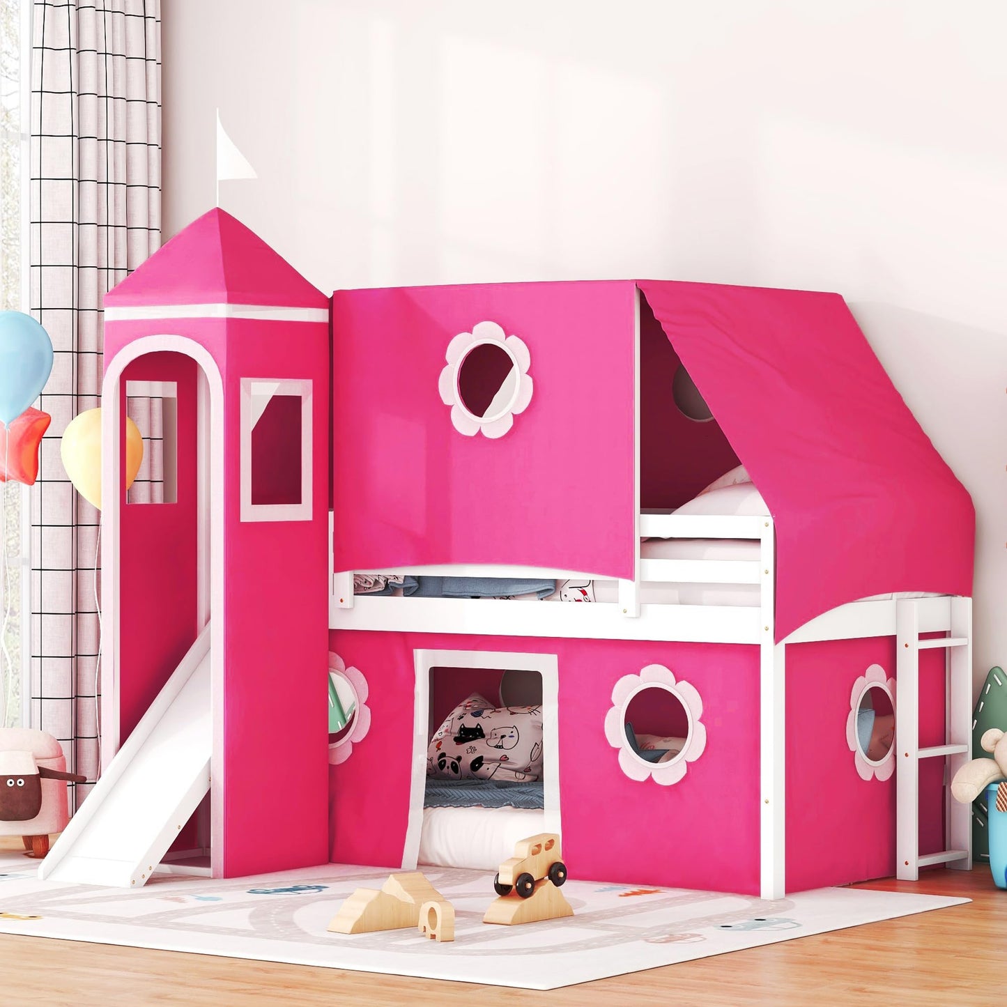 Polibi Castle Loft Bed with Slide & Tent and Tower, Playhouse Design Spacious Under Bed Space with Curtains, Wood Tent Bed Frame for Kids Boys Girls (Pink, Twin)