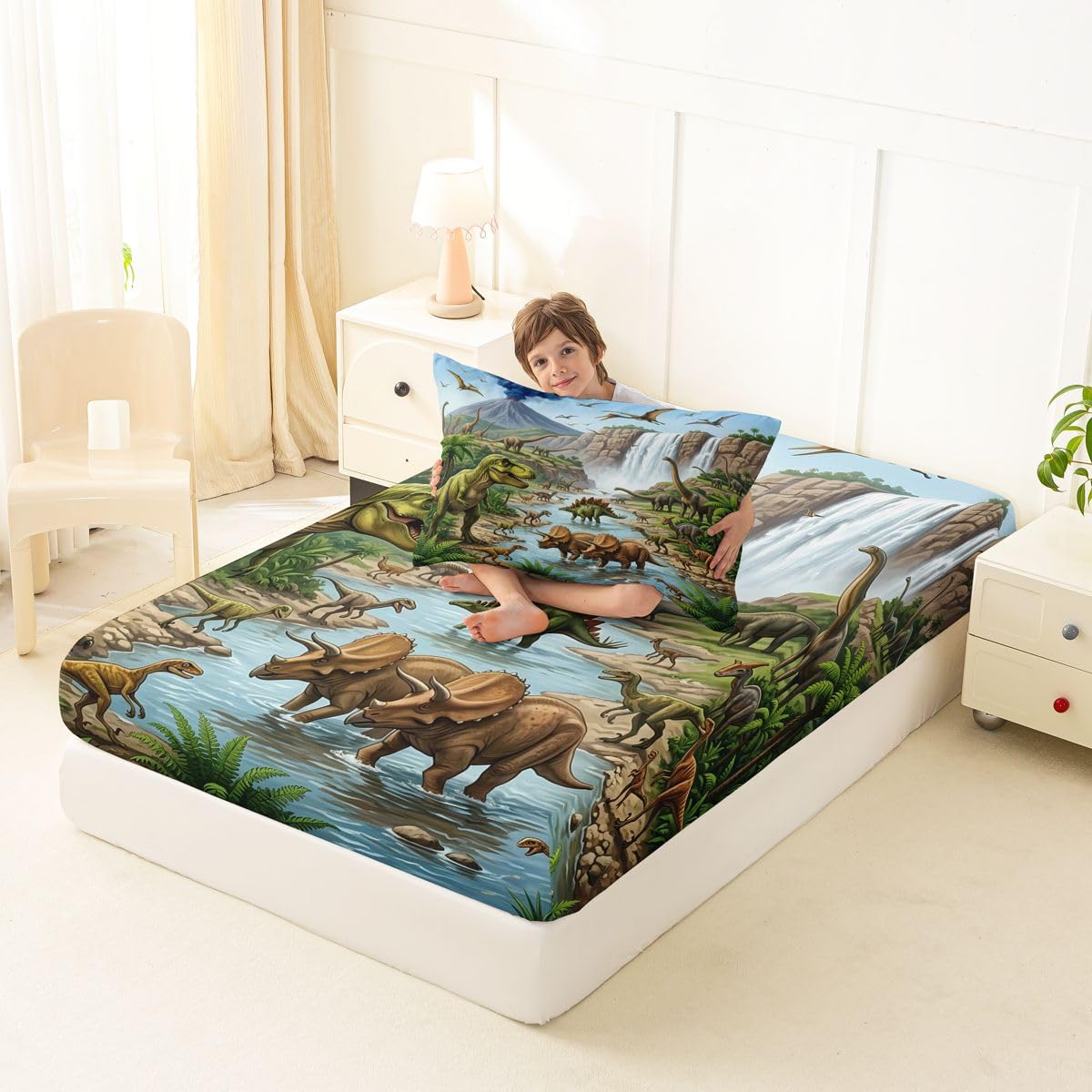 Feelyou Dinosaur Bed Sheets Sets Twin Size Kids Boys Girls 3D Digital Print Bedding Set Jungle Dino Bed Sheet Set with 16-Inch Deep Pockets Wild Animal 3Pcs with 1 Pillow Cases Green Blue and White