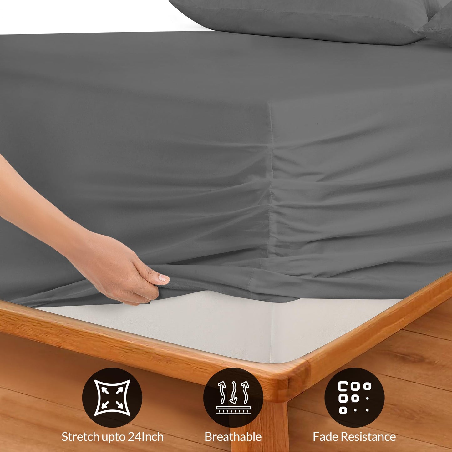 Royale Linens Extra Deep Pocket Full Fitted Sheet Only - Full Size Deep Pocket Grey Fitted Sheet - Fits 18 inch to 24 inch Thick Mattress - Soft & Breathable Elastic Sheets (54x75 Inches, Grey)