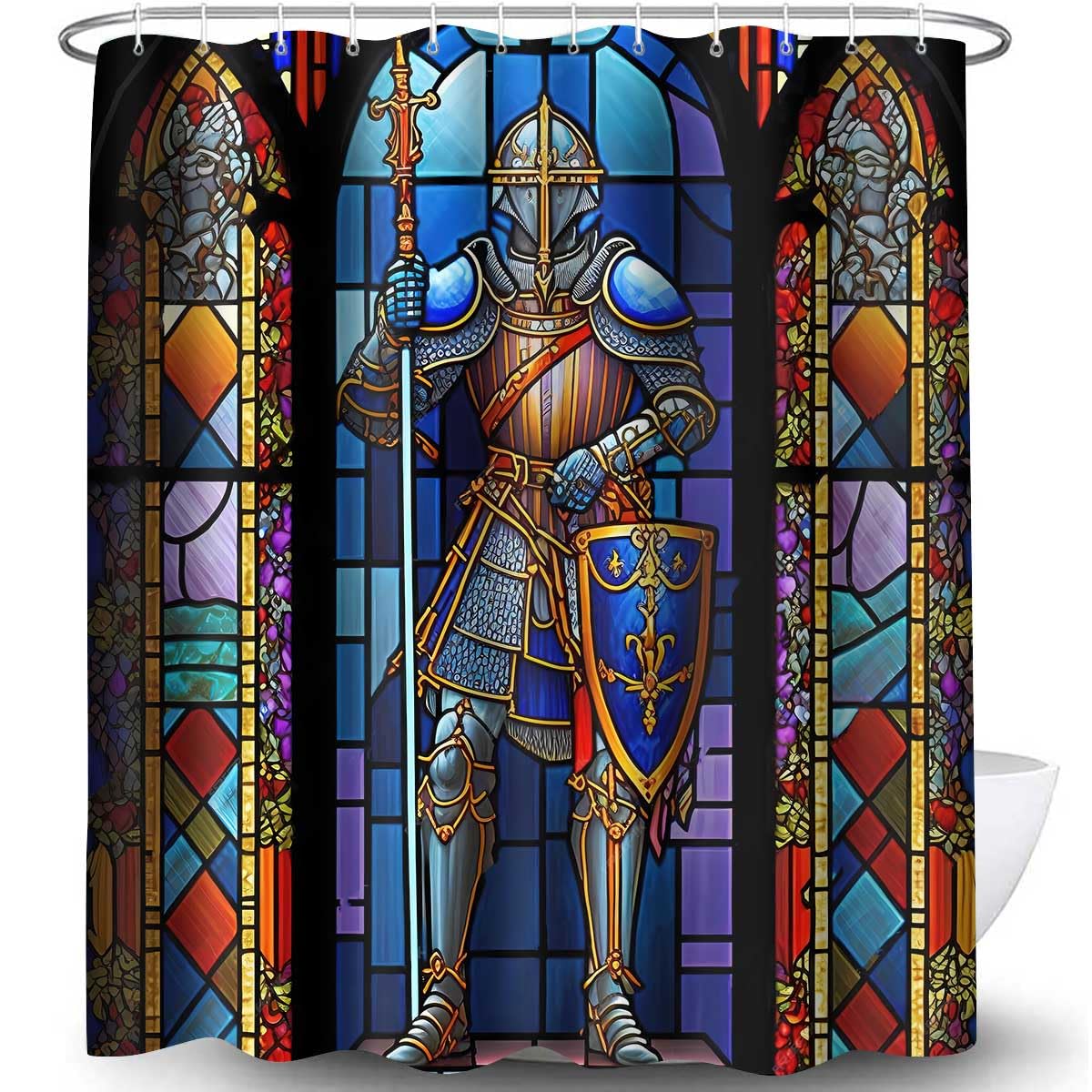 TPMDFC Medieval Shower Curtain, 72x72 inch Polyester, Medieval Knight Stained Glass Bathroom Shower Curtains Decor Set with 12 Hooks YLOKTP0834