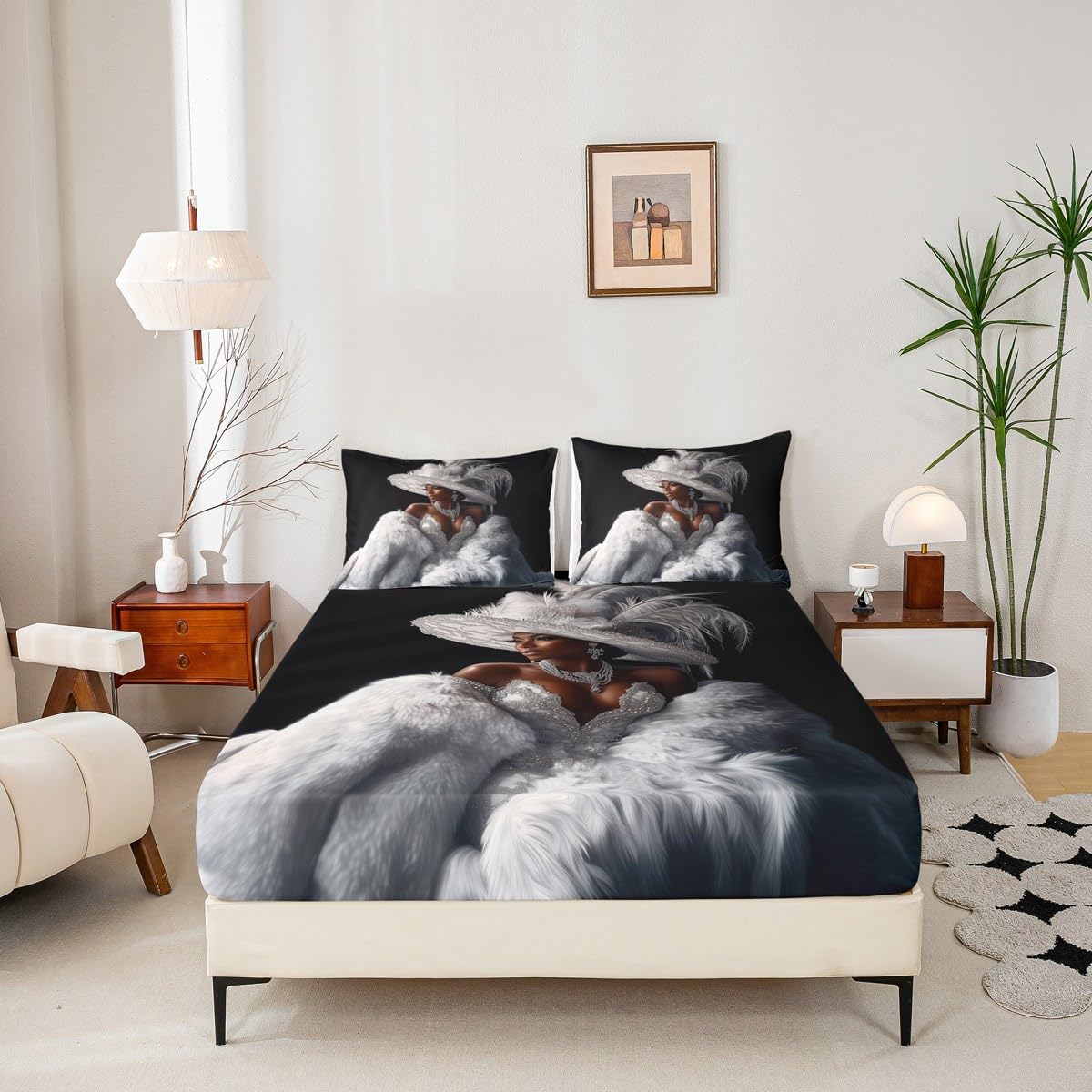 Erosebridal Black Girl Bed Sheets King Size Modern Trendy Grey Silver Sheet Set for Girls Teens Women African American Fashion Dress Bedding Set Diamond Print Aesthetic Elegant Sheets