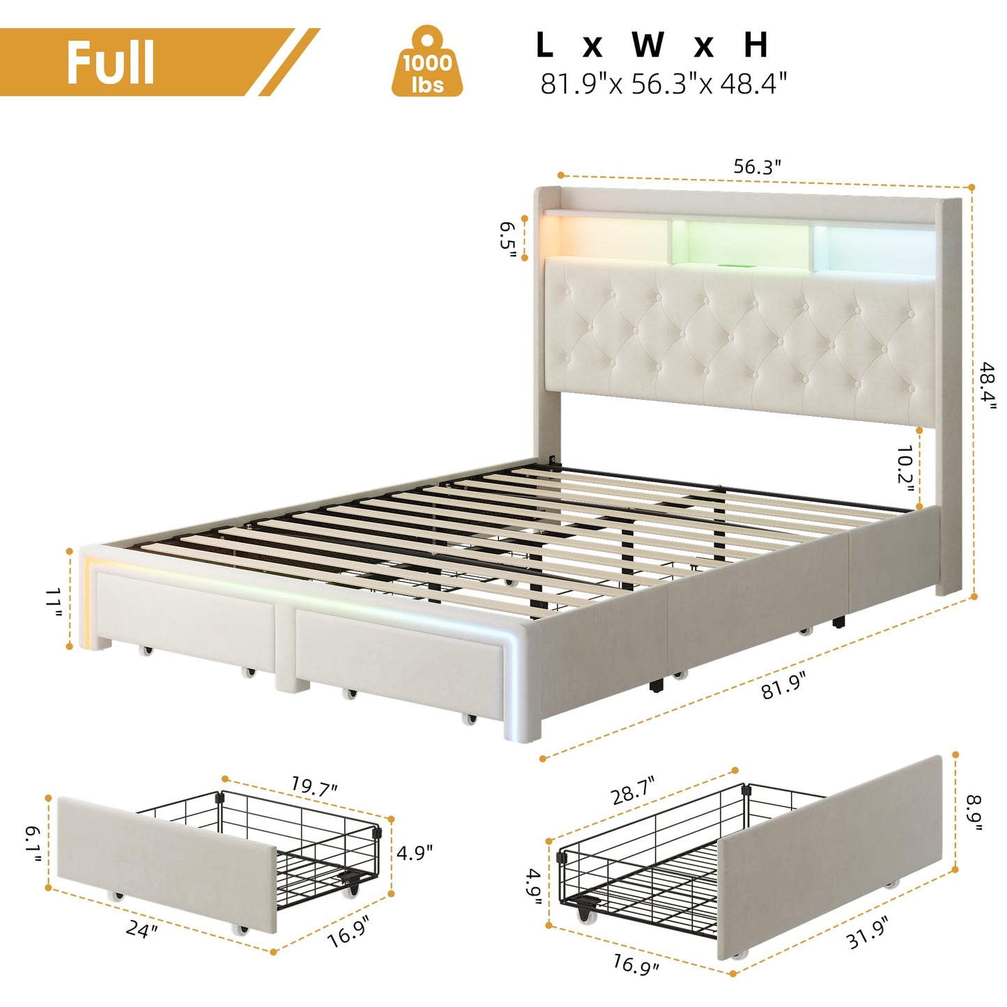 VINTLJUS Full LED Bed Frame with Storage Headboard & Charging Station, Velvet Fabric Platform Bed Frames with 4 Drawers, Button Tufted Upholstered, No Box Spring Needed, Noise Free, Beige