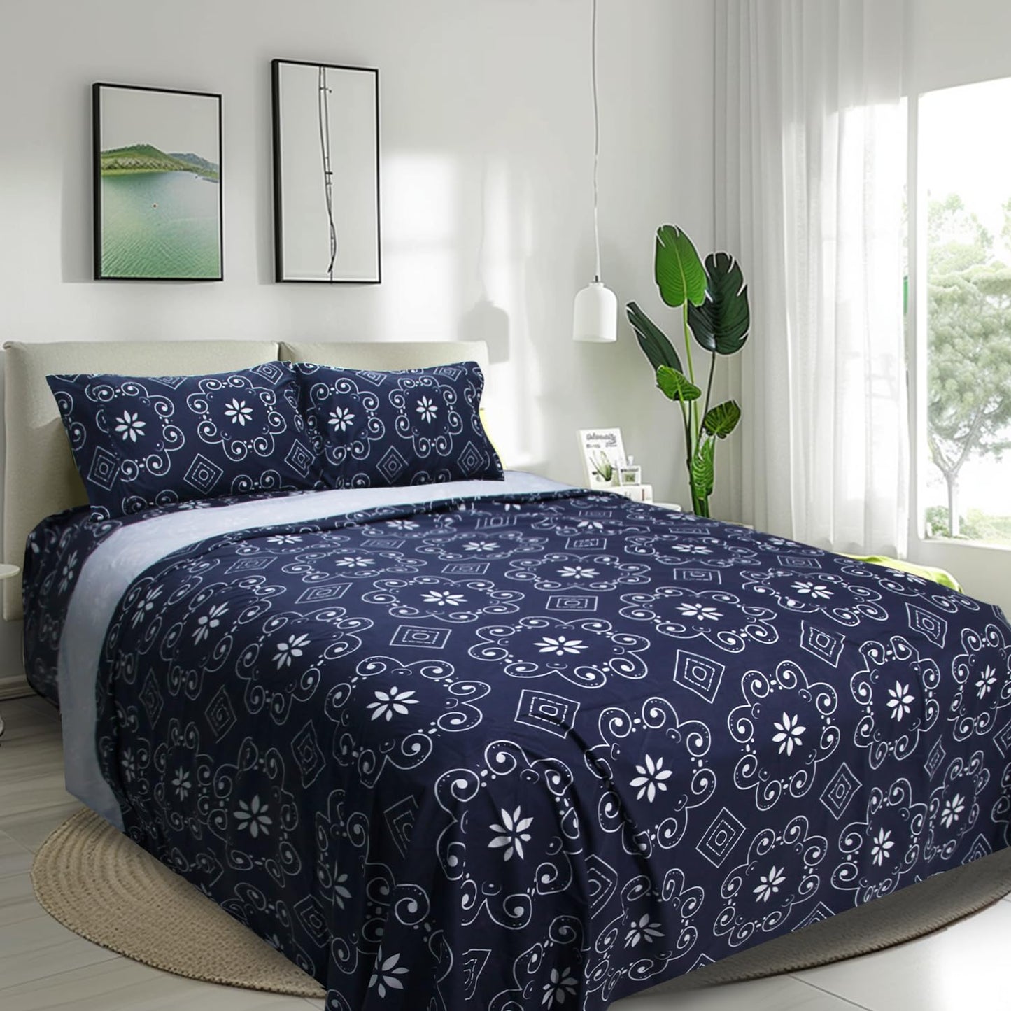 Marquess Microfiber Flannel Sheet Set - Ultra Soft Printed Bedding Collection, 16 Inches Deep Pocket, Flannel Bed Set Includes 1 Flat Sheet, 1 Fitted Sheet & 2 Pillowcases (Queen, Navy)