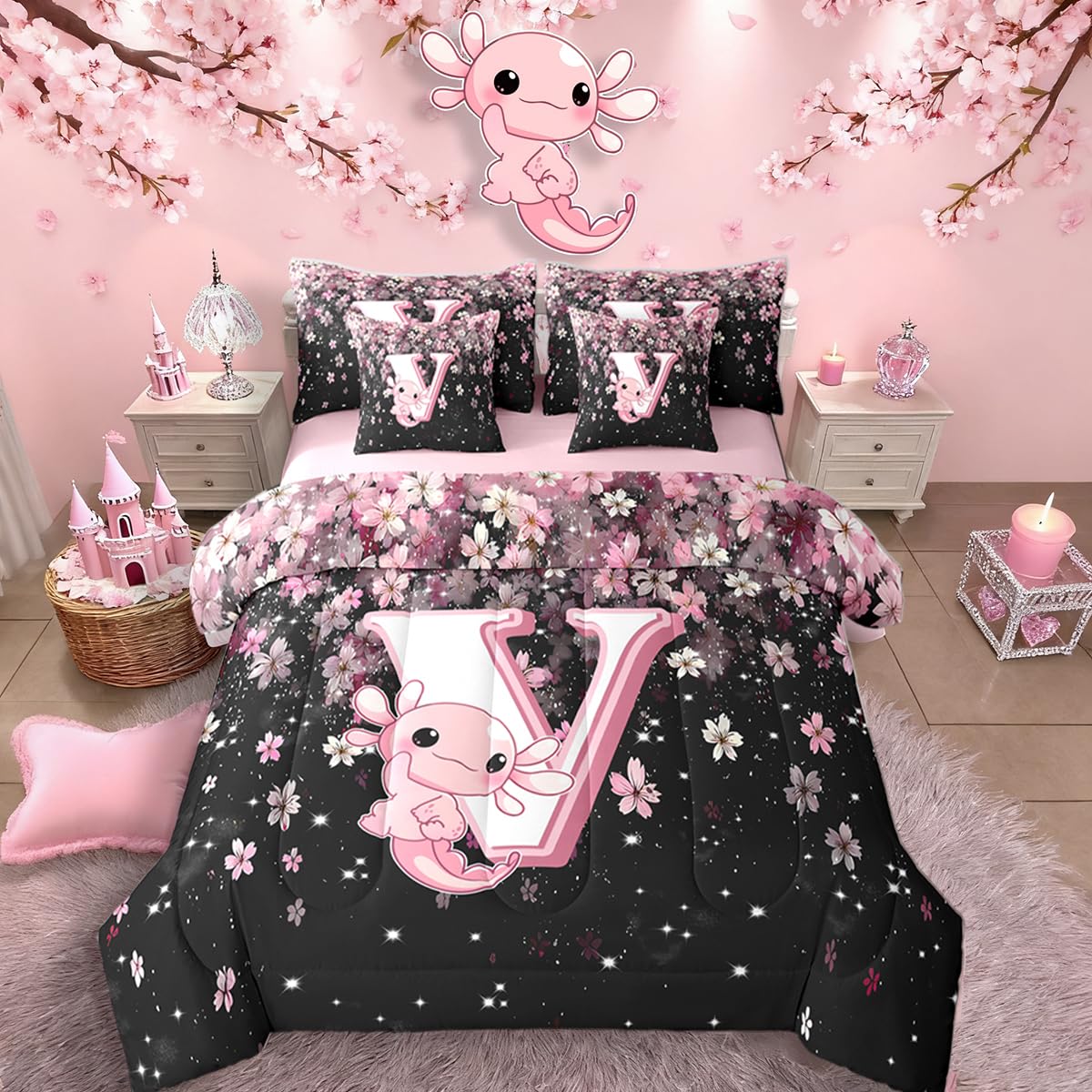 Erosebridal 7 Pieces Cute Letter Initial V Bed in A Bag Twin Size | Cute Axolotl Comforter Set with Sheets for Kids Girls Teens Pink and White Cherry Blossom Bedding Set Kawaii Axolotl Quilt Sets