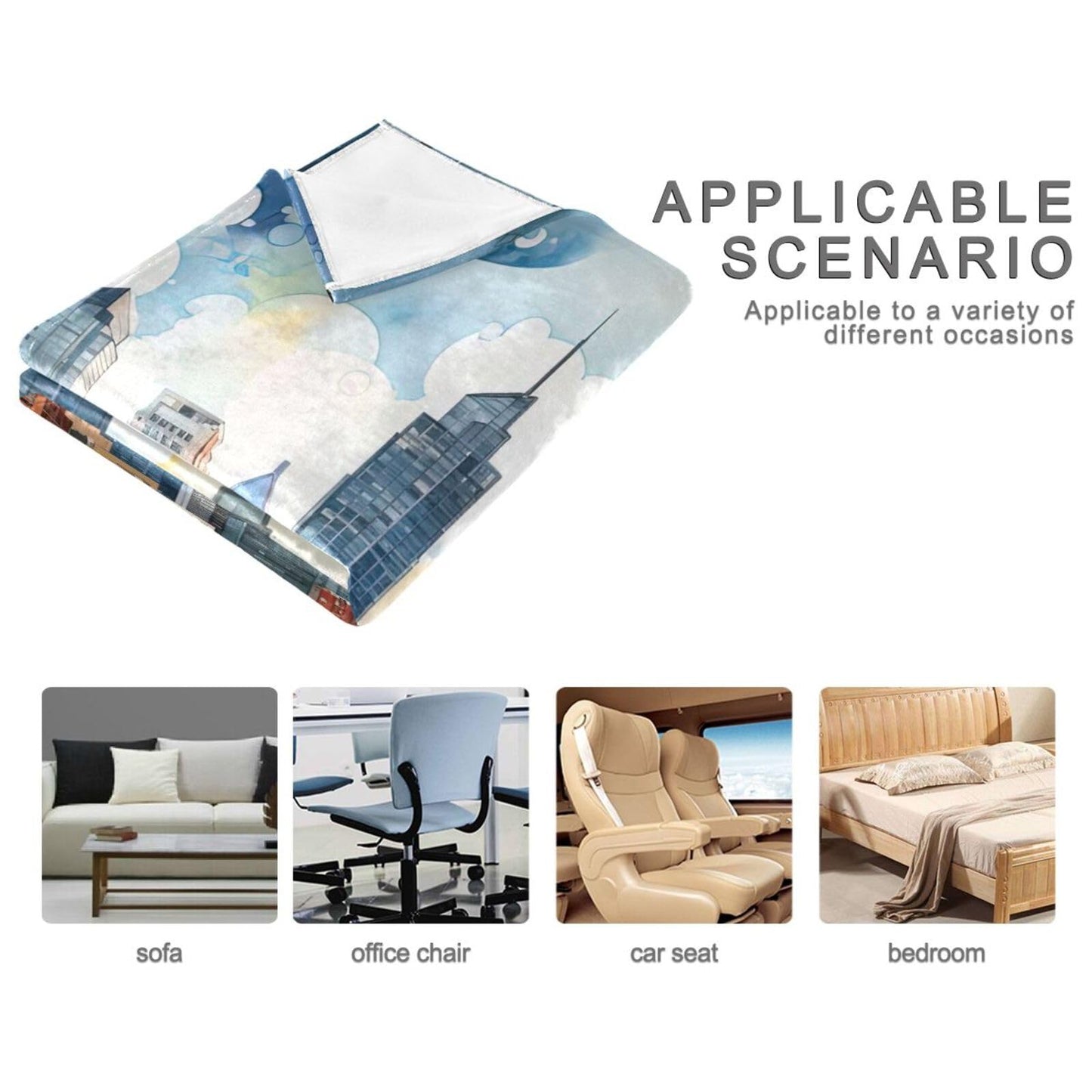 XYMZR City Skyline Watercolor Flannel Twin Blanket – 60” x 90”, Fashion Design, Ultra Soft, Lightweight, Washable Throw Blanket for Sofa, Bedroom, Dorm