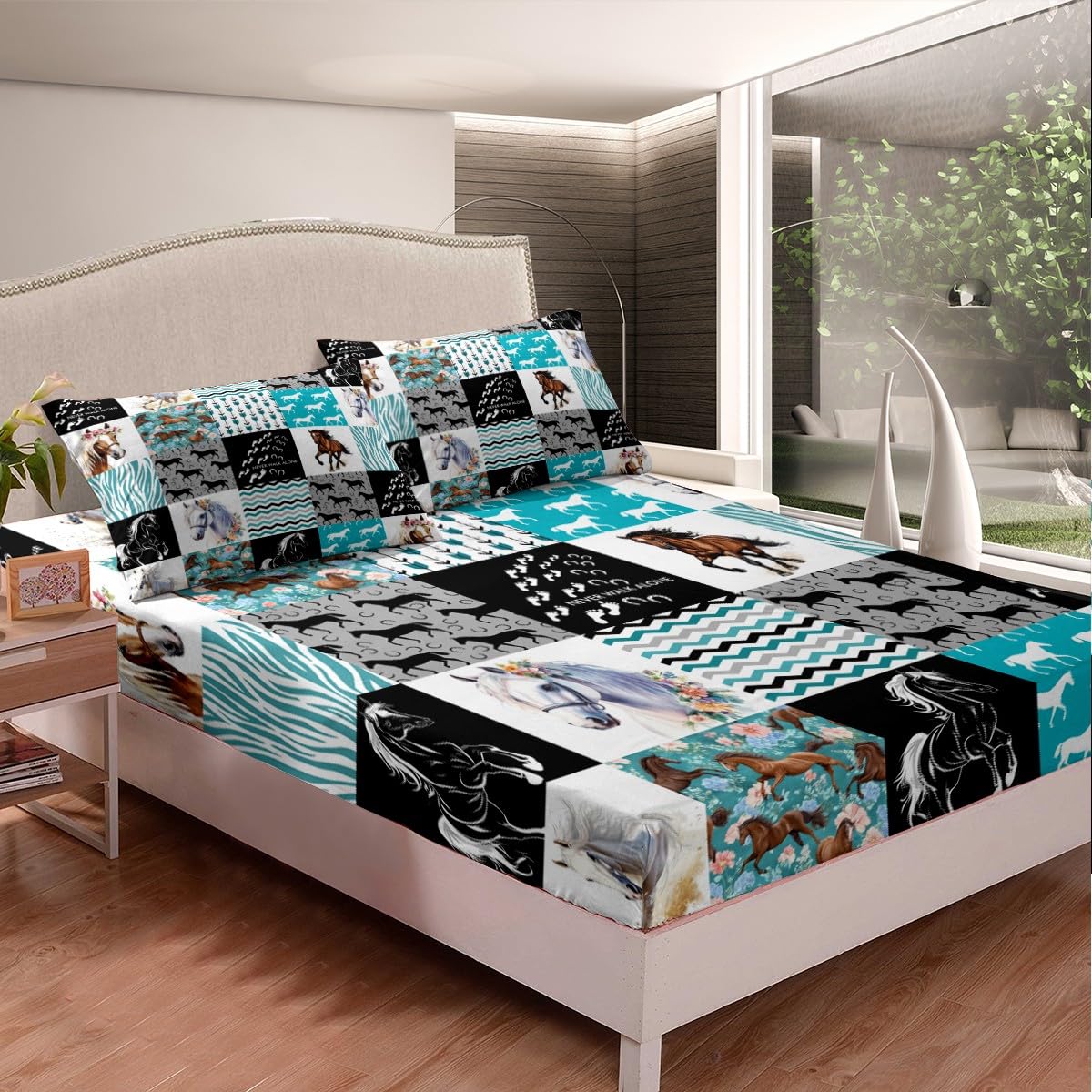 Horse Sheet Set King,Western Farmhouse Bed Sheets for Girls,Boho Arrow Teal Zebra Stripe Bedding Sheets for Teens Boys Women,Rose Flower Rustic Cowboy Fitted Sheet & Flat Sheet Black White 3 Pcs