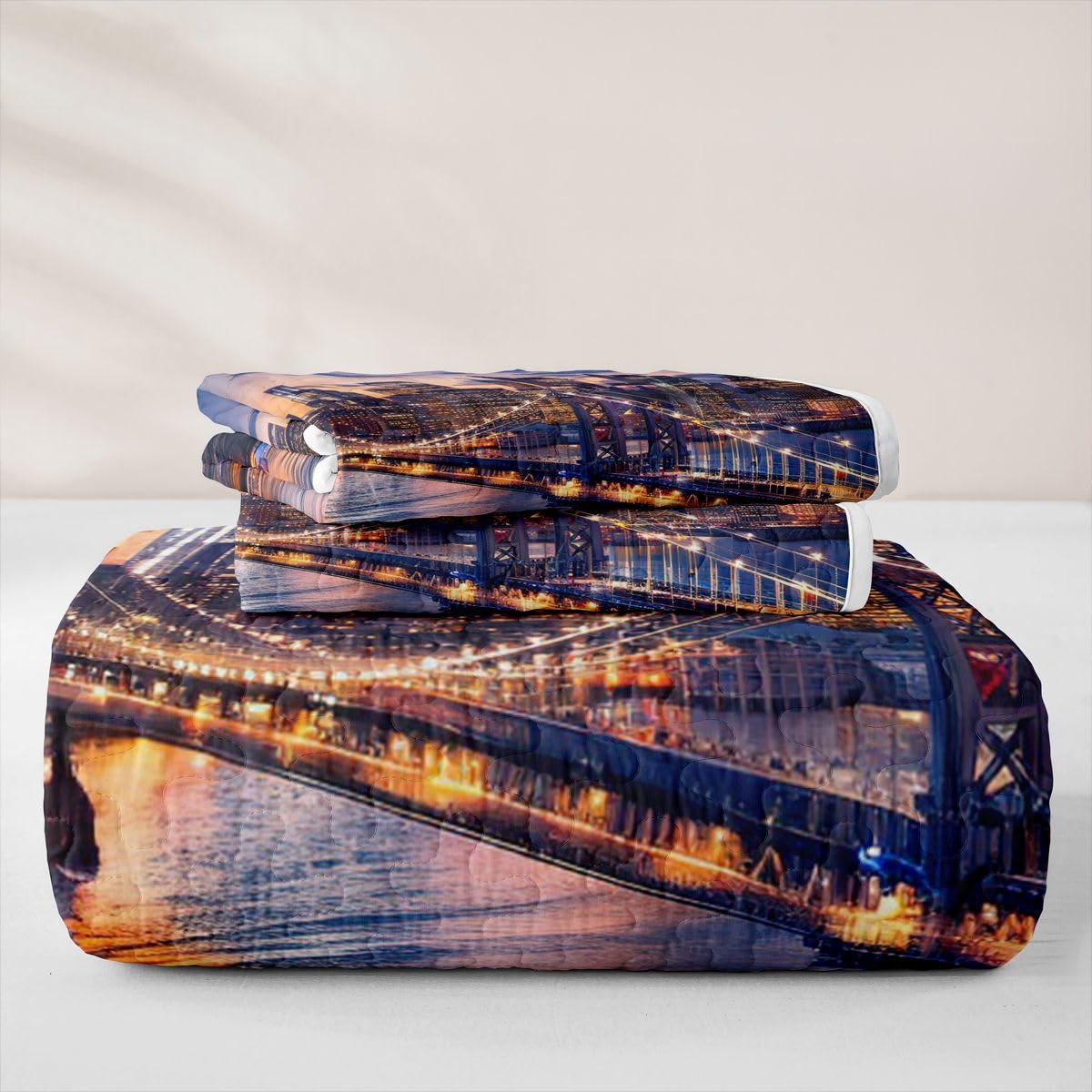 Erosebridal New York City Quilt Set Twin Cityscape Quilted Bedding Manhattan Skyline Bridge Bedspread Coverlet Sunset Scenery Quilt Comforter Lightweight Quilted Blanket for Hot Sleepers Boys Girls