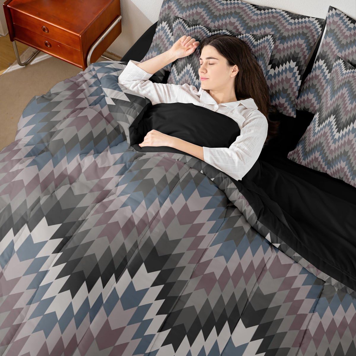 Erosebridal Aztec Geometric Bed in A Bag King 7 Pcs Farmhouse Western Comforter Set for Women Men Country Native American Bedding Sets Black Grey Ethnic Aesthetic Sheet Set with Comforter