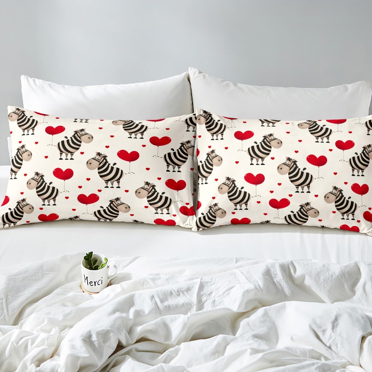Feelyou Boys Girls Valentine's Day Bedding Set Full Size, Zebra Bed Sheet Set Love Heart Fitted Sheet Kids Romantic Teens Bed Cover Bedroom Decor 3Pcs (No TOP Sheet)