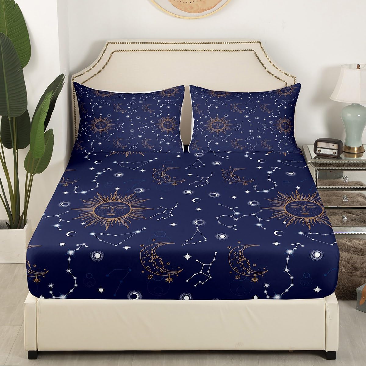 Castle Fairy Golden Sun Moon Fitted Sheet Set Full Size 4 Pcs,Stars Planets Bedding Set(1 Fitted,1 Flat,2 Pillowcases),Navy Blue Universe Luxury Deep Pocket Bed Sheets for Girls Teesn Room