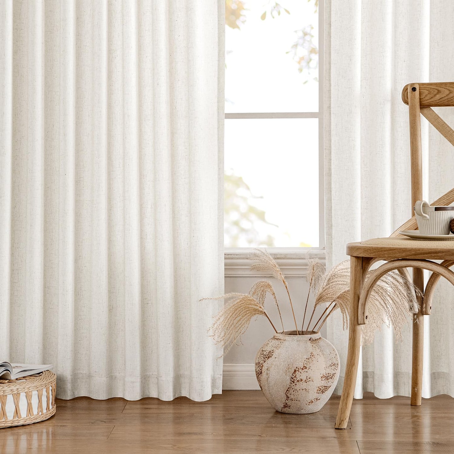 MIULEE Non-See-Through Privacy Linen Curtains 2 Panels, Light Filtering Window Curtains Farmhouse Textured Back Tab Semi Sheer Drapes for Bedroom Living Room, 52 x 84 Inches Long, Natural White