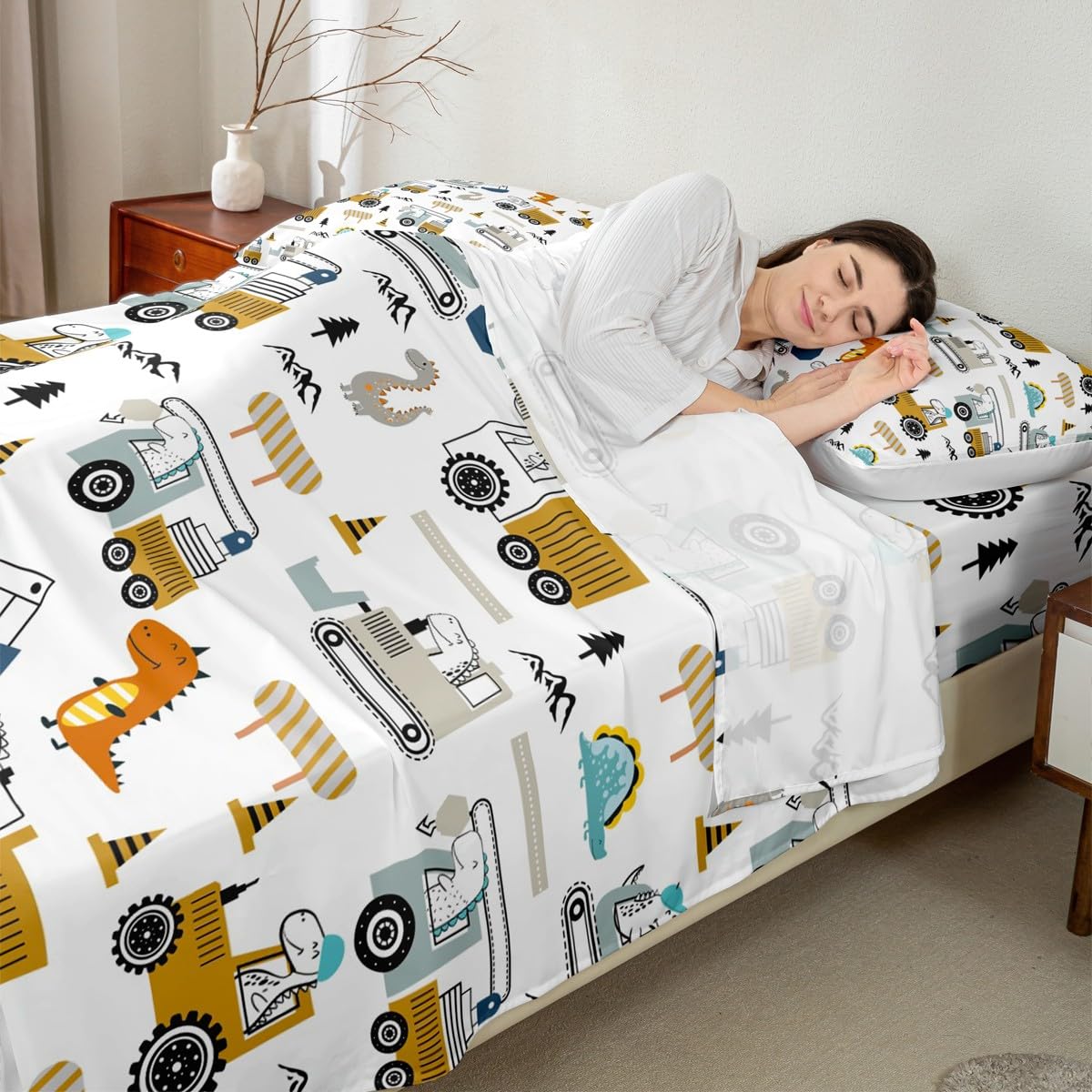 Feelyou Construction Bed Sheets Set Full Size Equipment Trucks Sheet Set for Kids Boys Girls Decor Dinosaur Sheets with Deep Pocket Fitted Sheet 3D Digital Print Yellow Bedding Set Bedroom