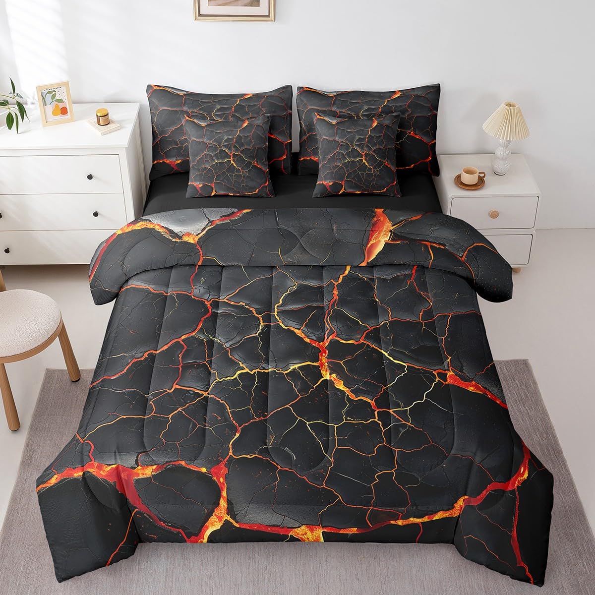 Erosebridal Lightning Comforter Sets with Sheets - Black Marble Print Bedding Set Queen for Boys Girls Orange Lava Theme 7Pcs Bed in A Bag Modern Abstract Bed Set