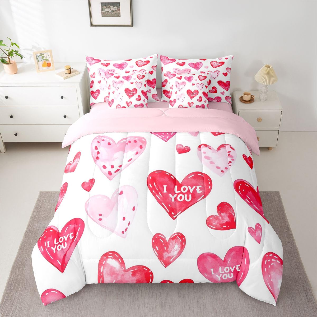 Erosebridal Princess Pink Love Comforter Sets with Sheets - Cute Heart Printed Bedding Set Full for Boys Girls Valentines Day Themed 7Pcs Bed in A Bag Romance Gifts Bed Set