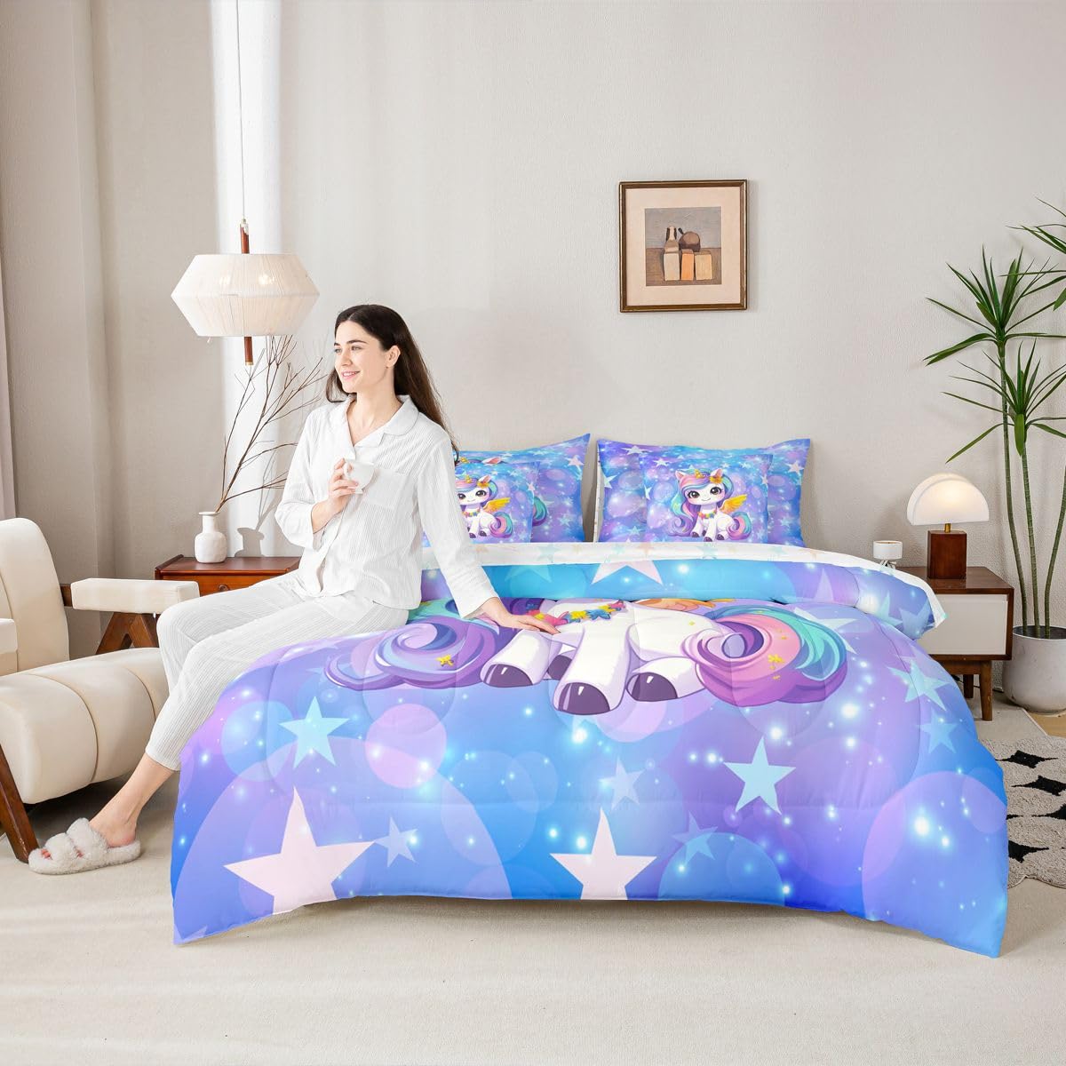 Feelyou Girls Cute Unicorn Comforter Set with Sheets 7 Piece Twin Size Glitter Bed in a Bag Kids Boys Girls Princess Decor Bedding Set Cute Animal Bedroom Decor Breathable Soft Lightweight Microfiber