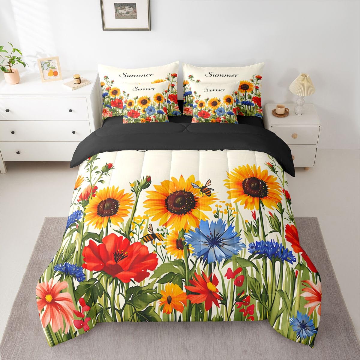Erosebridal Sunflower & Wildflower Queen Bedding Set Aesthetic Bright Floral Comforter Set with Flat and Fitted Sheet Girls Women Cute Summer Bee 7-Piece Bed in a Bag Vibrant Garden Art Quilt Sets