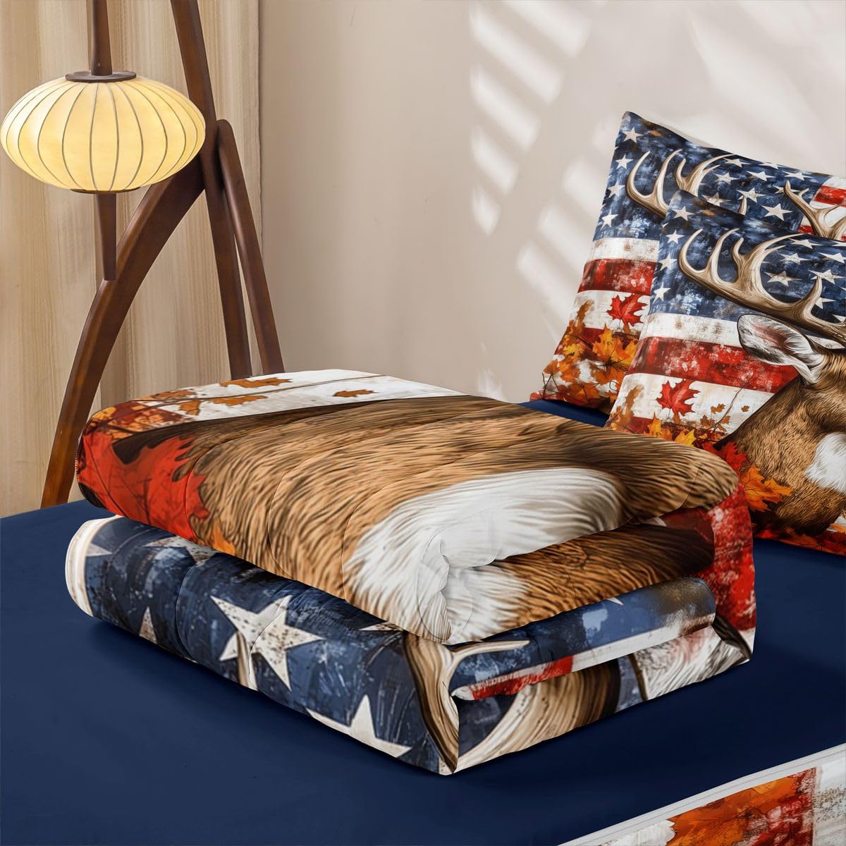 Feelyou Cute Deer Zipper Bedding Twin American Flag Zipper Bedding Sets for Kids Boys Girls Antlers Comforter Set with Fitted Sheet and 2 Pillowcases Bedroom Decor