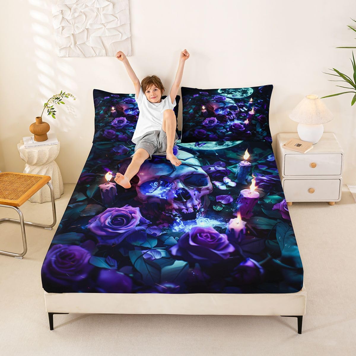 Feelyou Sugar Skull Bed Sheets Set Full Size Halloween Themed Bed Set for Kids Boys Girls Rose Floral Flower Deep Pocket Fitted Sheet Butterfly Breathable Soft Lightweight Microfiber Candles