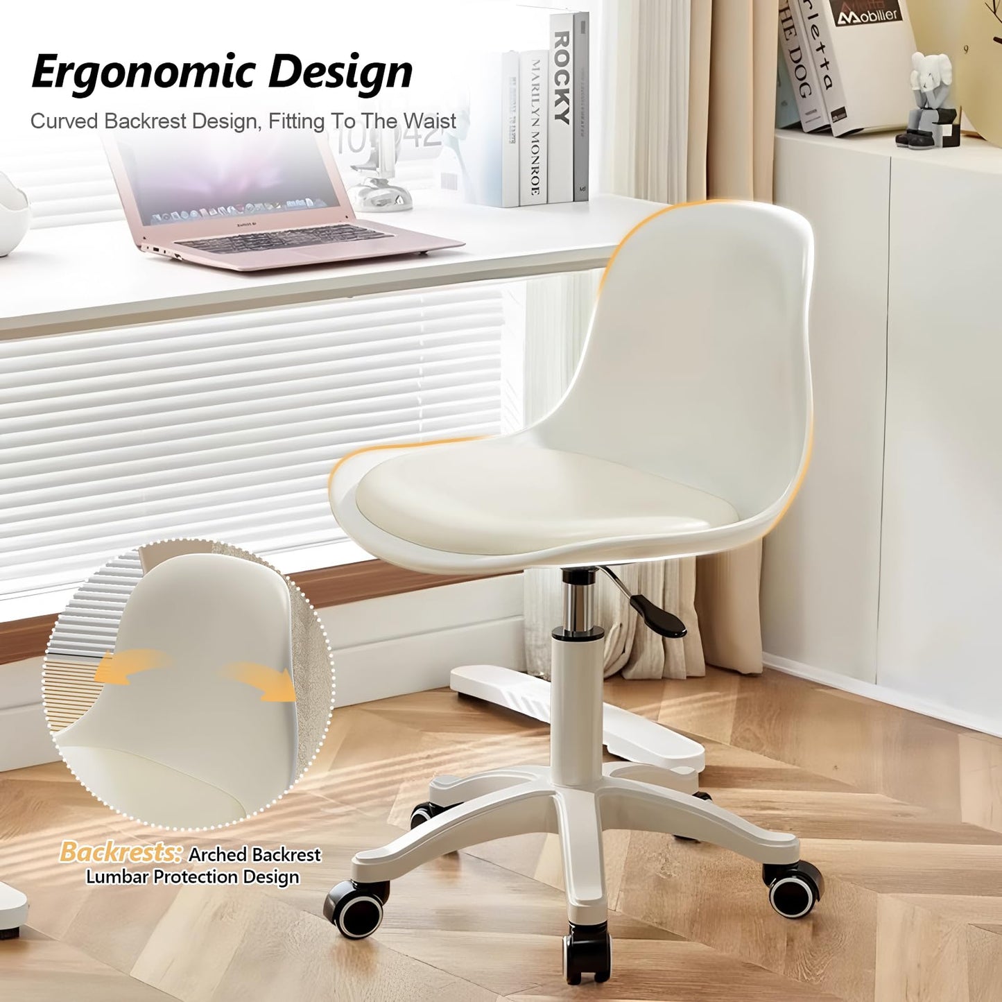 BTFYOU Home Office Chairs, Small Swivel Rolling Desk Chair with Silent Wheels and Low-Back,Armless Heavy-Duty Vanity Chair Height Adjustable for Bedroom,Students,Study,Teens